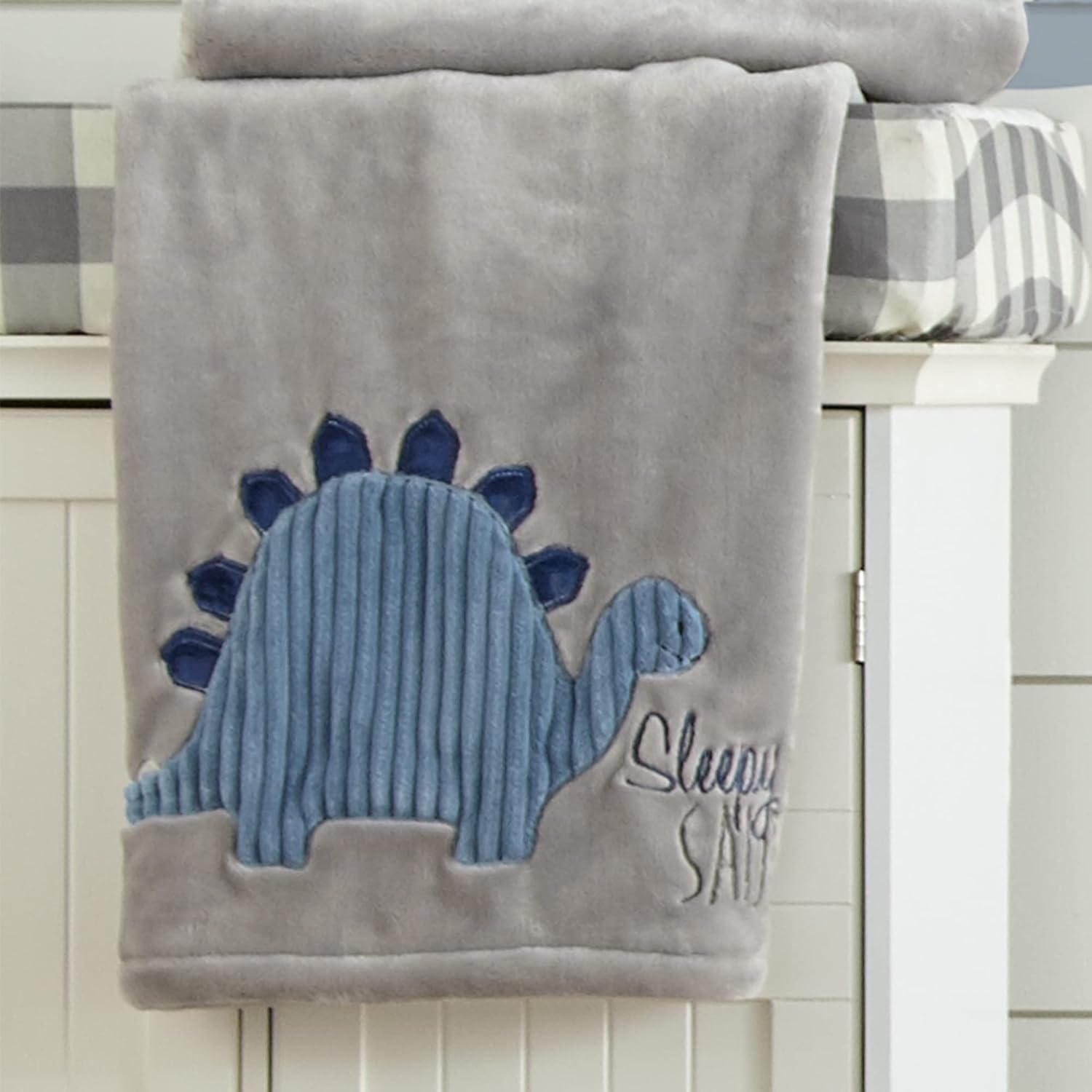 Levtex Baby - Kipton Plush Blanket - Appliqued and Embroidered Dinosaur on Grey Plush - Blue, Grey, Navy - Nursery Accessories - Blanket Size: 30 x 40 in.
