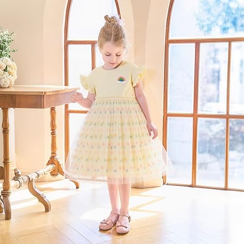 HILEELANG Toddler Girls Rainbow Cotton Tulle Dress Summer Princess Party Unicorn Dress with Flutter Sleeves(3062#yellowrainbow,4T)