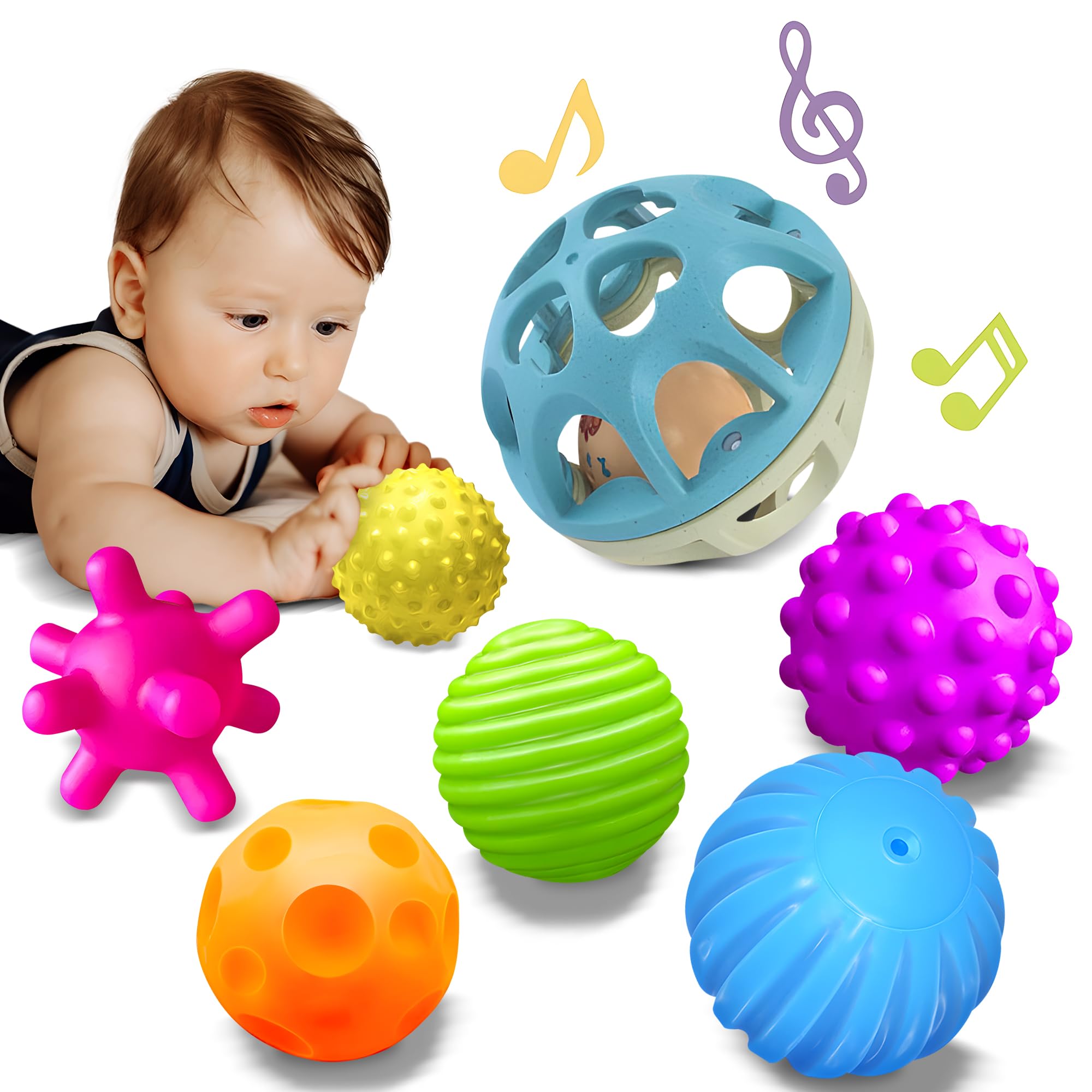 Sensory Toys for Babies, Montessori Textured Baby Balls and Wheat Straw Rattle, Baby Toys for 6-12 Months, Ideal Newborn Gifts for Boys and Girls, Toddler Toys for 1-3