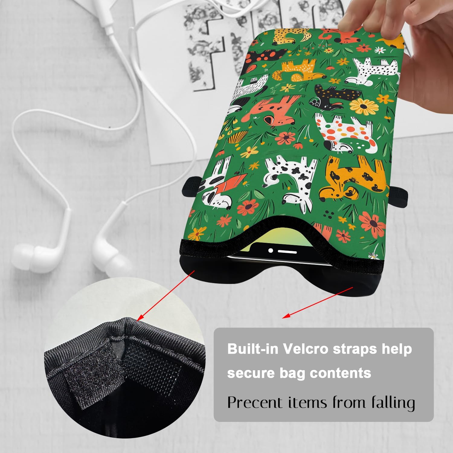 Neoprene Cell Phone Sleeve Pouch Case Bag with Crossbody Strap Neck Lanyard for Women 7.1 X 3.9 in Green Dog - Image 3