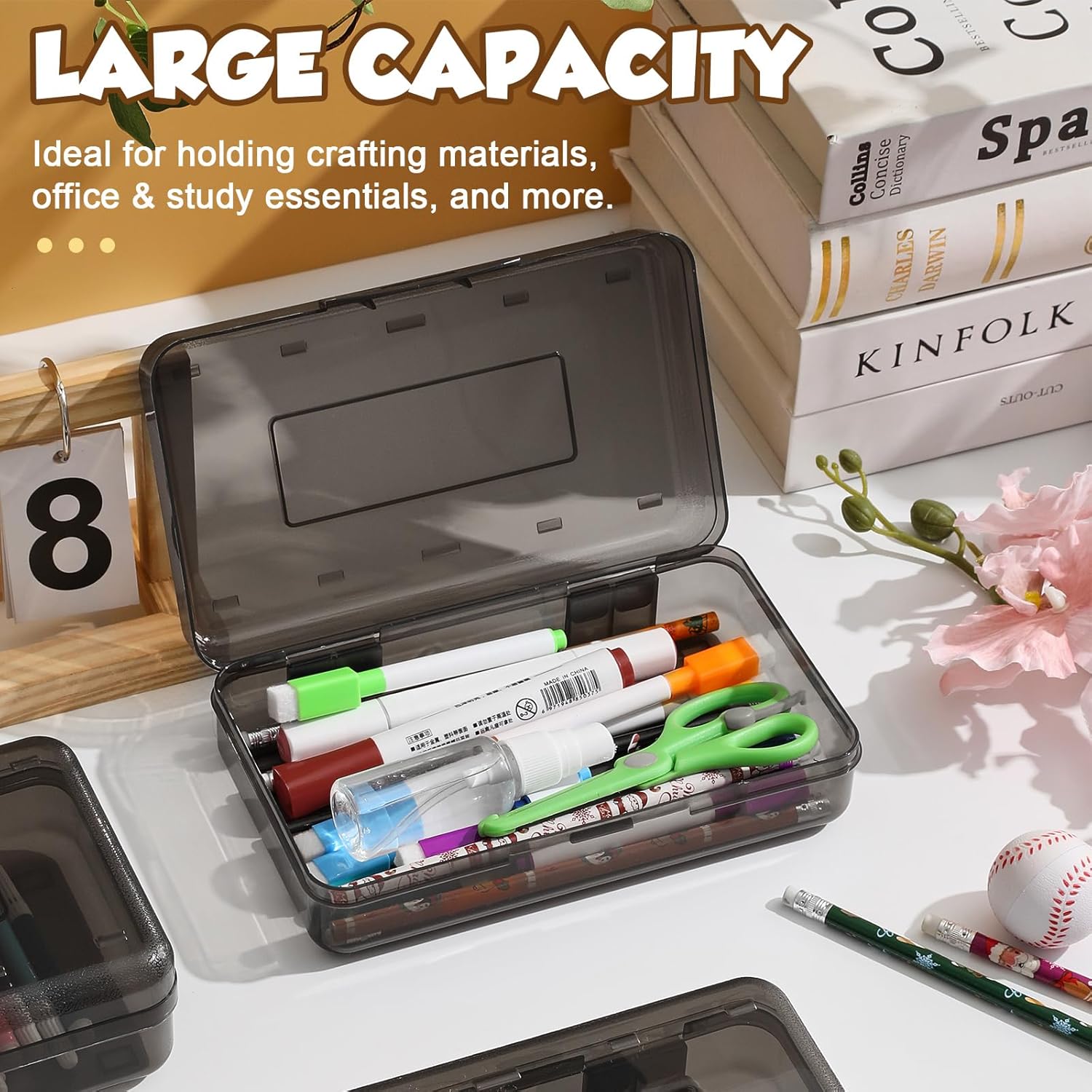 24 Pack Pencil Case for School Pencil Boxes Bulk Large Clear Plastic Crayon Box Marker Bead Pen Containers with Snap Lids Back to School Supplies Classroom Stationery Organizer for Art Craft(Grey)