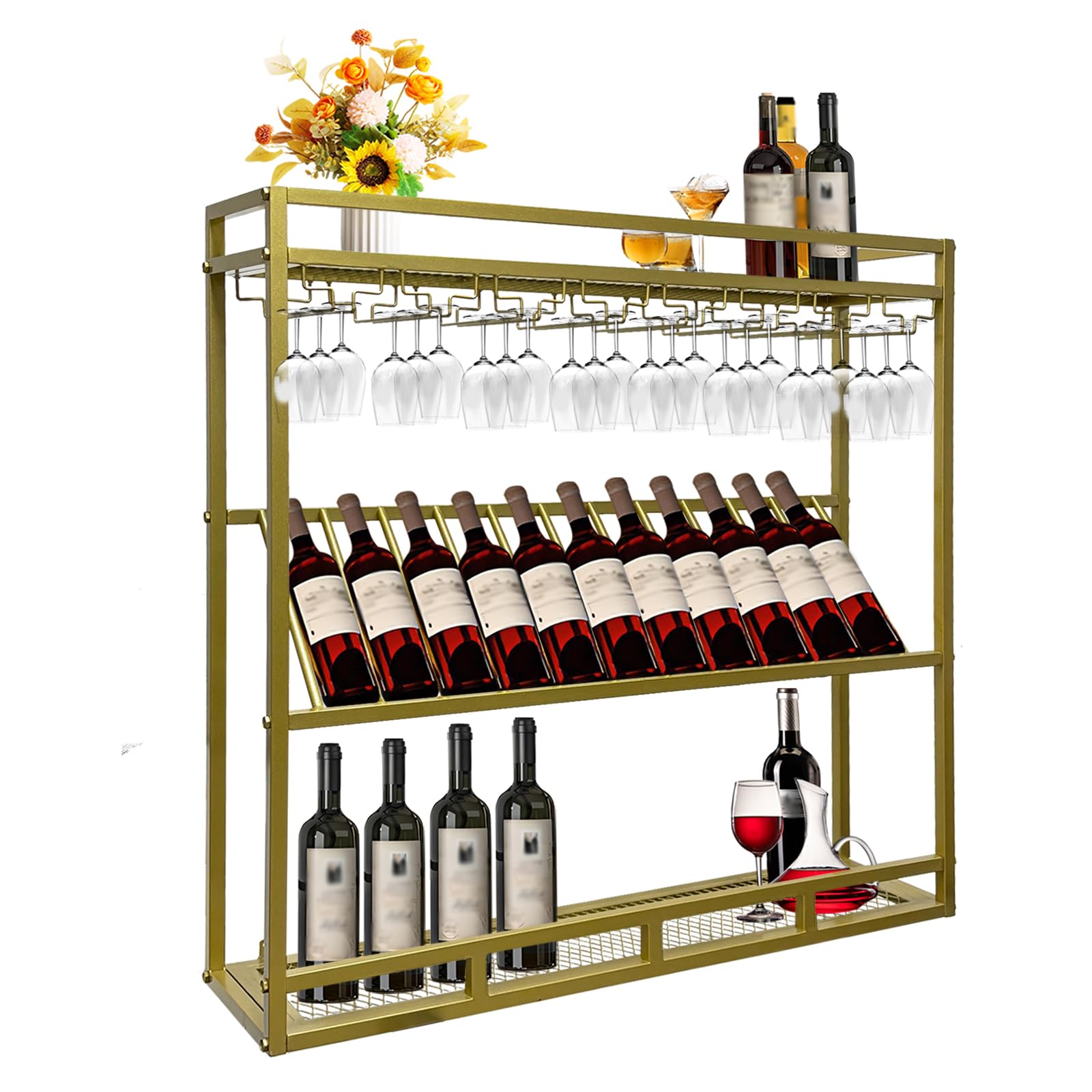 Casier à vin suspendu en métal doré 100 cm avec support de plafond réglable