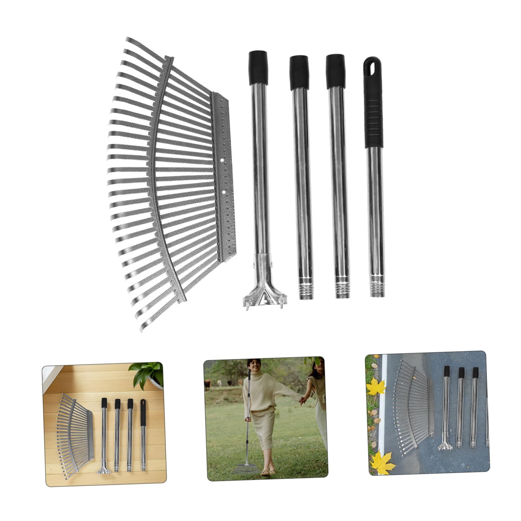 ibasenice Metall Gartenrechen mit 25 Zinken aus Edelstahl Verstellbare Länge und Abnehmbare Kombination für Rasen und Mulch Effizientes Bodenauflockern