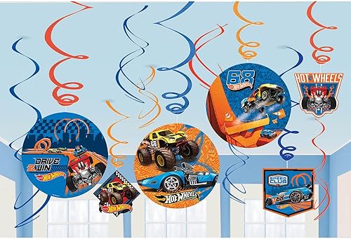 Hot Wheels Wild Racer - Decoraciones de remolinos de aluminio  5 y 7 pulgadas (paquete de 12)  Decoración deslumbrante de fiesta  Perfecto para