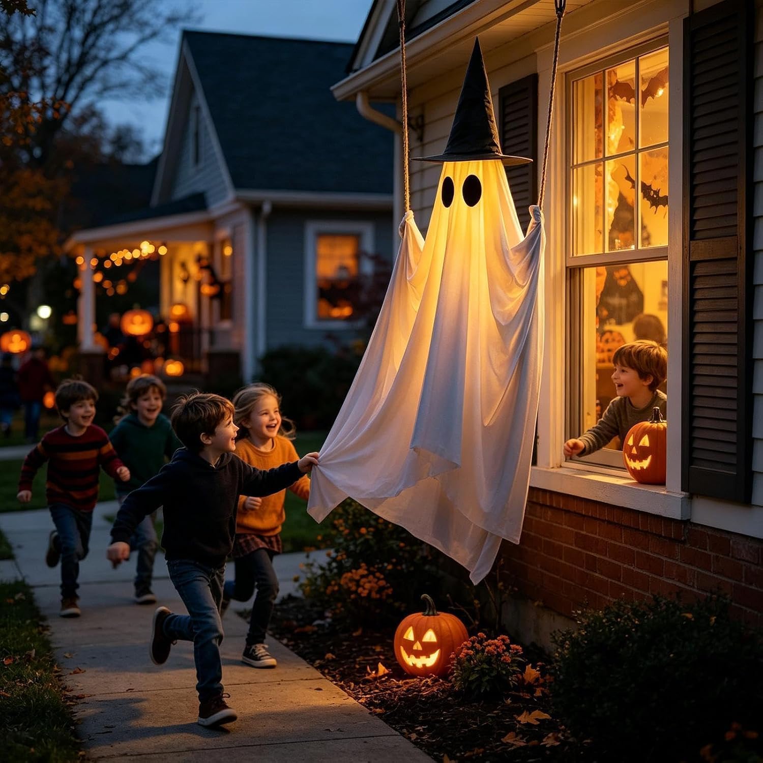 Wiszący duch dekoracja z odpinanym kapeluszem czarownicy, zdalne światło LED, wodoodporna ozdoba na werandę na Halloween, podwórko, ogród, drzewo, dekoracja na imprezę na świeżym powietrzu
