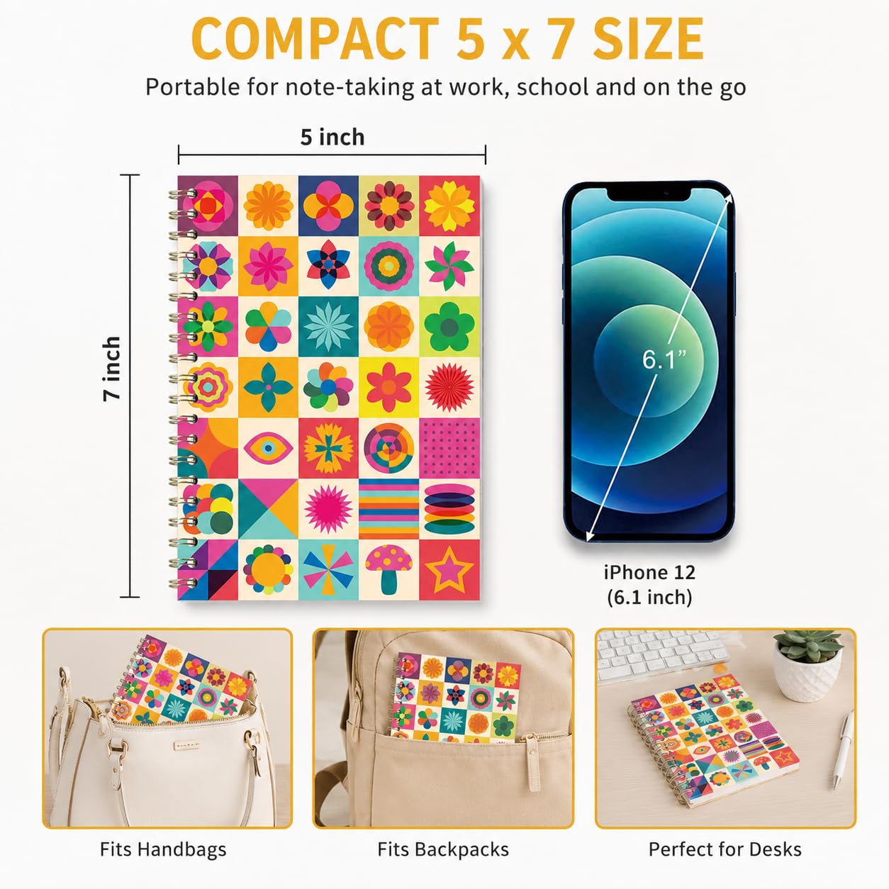 Cuaderno pequeño en espiral de 5 x 7 pulgadas, paquete de 4 diarios de tapa dura, bonitos cuadernos rayados universitarios para el trabajo, la escuela y la oficina, bloques de color geométricos