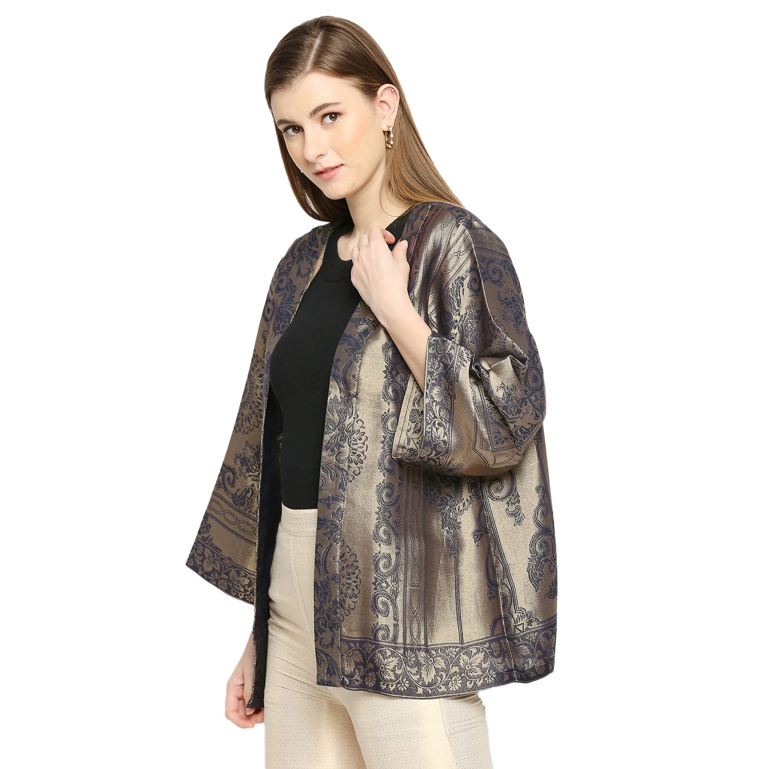 Diwali Sale Cloth Haus India Women'S || Brown Printed || Full Sleeves || Brocade Material || Kimono Jacket For Women