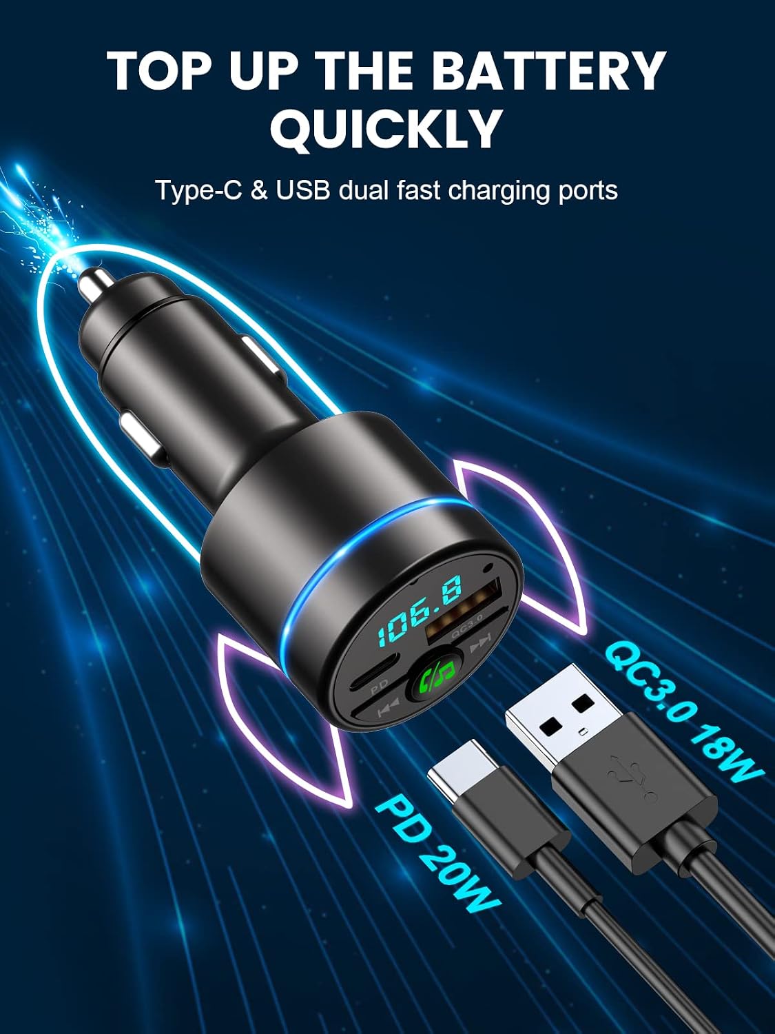 FM Transmitter for Bluetooth 5.3, [All-Metal] PD 30W & QC3.0 18W Fast Car Charger, Wireless FM Radio Kit Bluetooth Car Adapter, Noise Cancelling Hands-Free Call, Blue Light