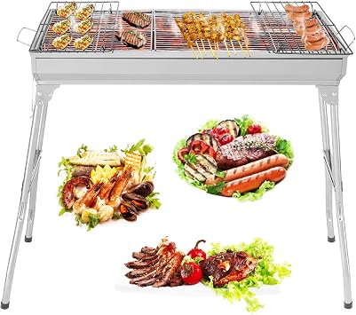 Folding Kabob Grill Stainless Steel, Foldable Barbecue Charcoal Grill, Kebab Grill for Camping Picnic Backyard Grilling Tailgating 28 x 13 x 27.5 inch