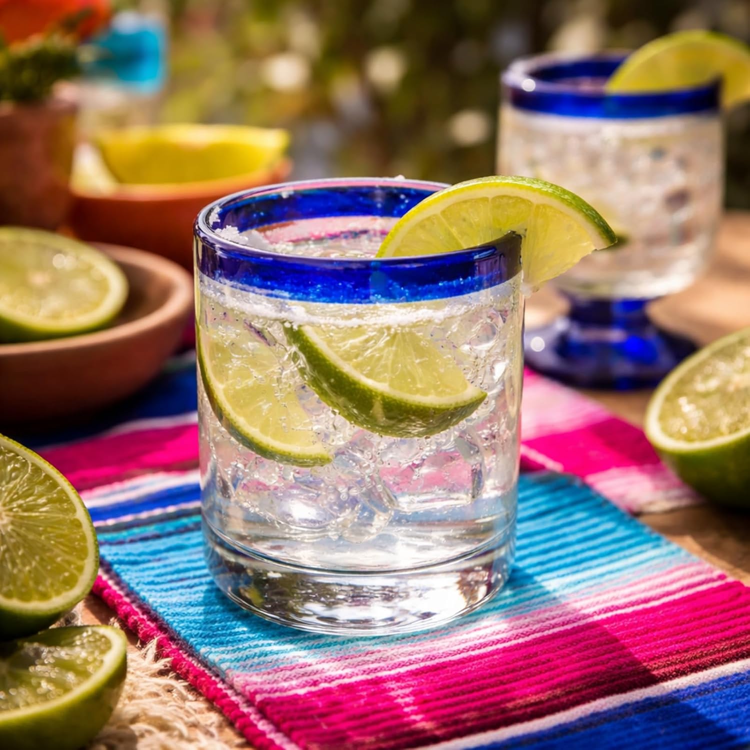 12 Pack Mexican Style Drinking Glasses Tumbler Glasses with Cobalt Blue Rims Mexican Theme Clear Drinking Glassware (10 oz)