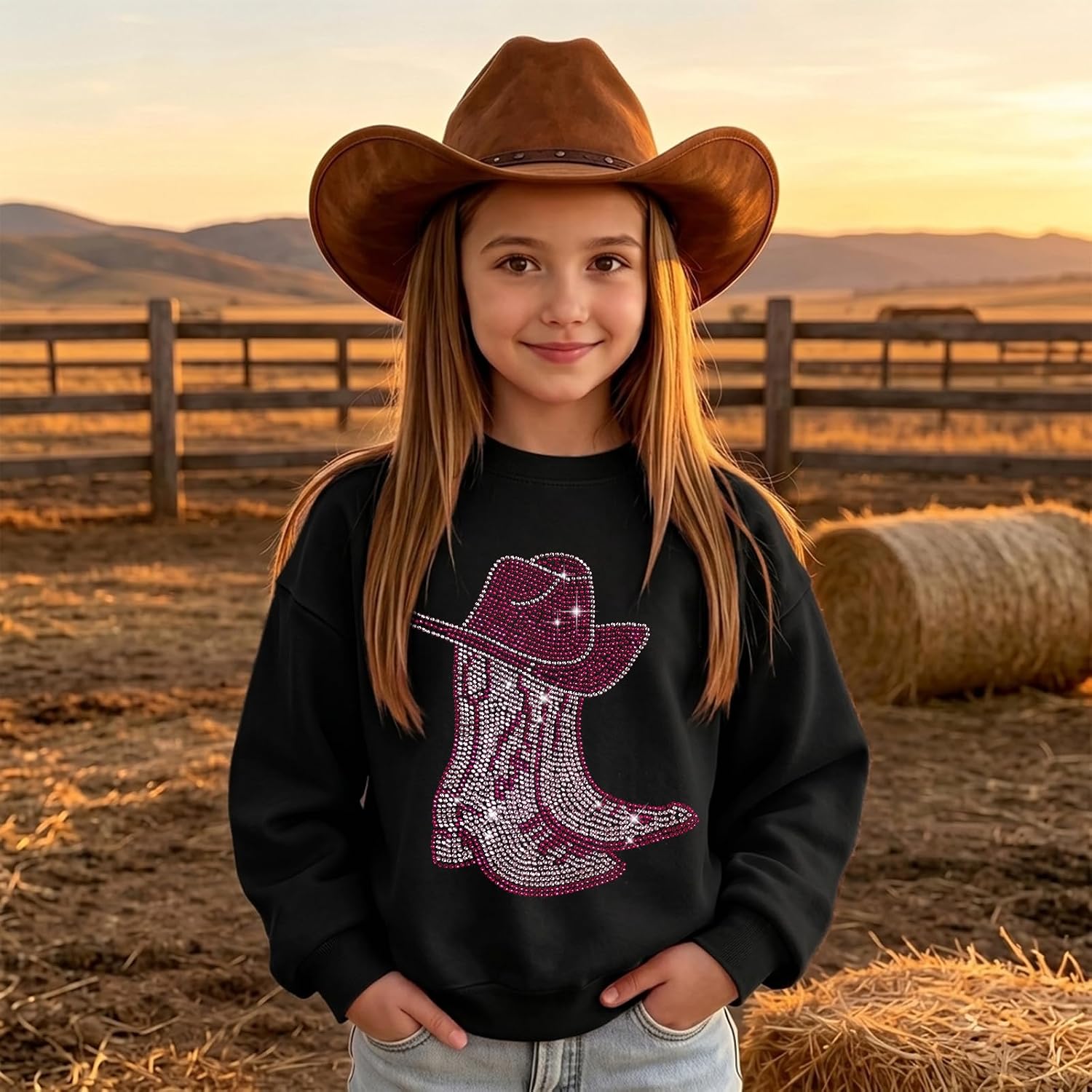 Girls Western Sweatshirt Sparkling Rhinestone Cowgirl Sweatshirts for Girl Rodeo Hat Boots Graphic Pullover Tops