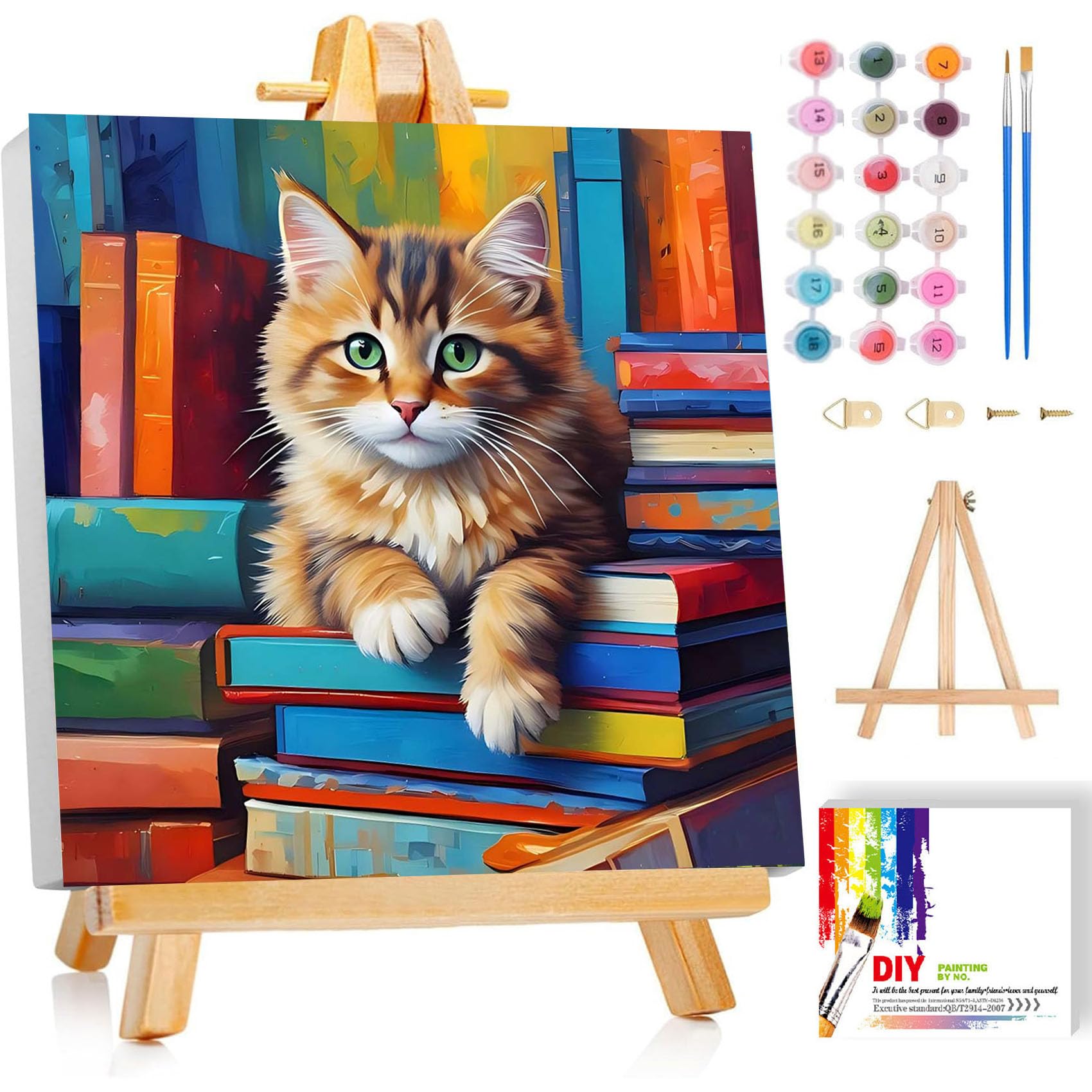 ajepon Cat Paint by Numbers Kit for Kids with Frame - Cute Cat Paint by Number for Kids, Cats Kid Painting by Number Kits Age 6-8 for Home Wall Decor 8X8inch (with Wooden Easel)