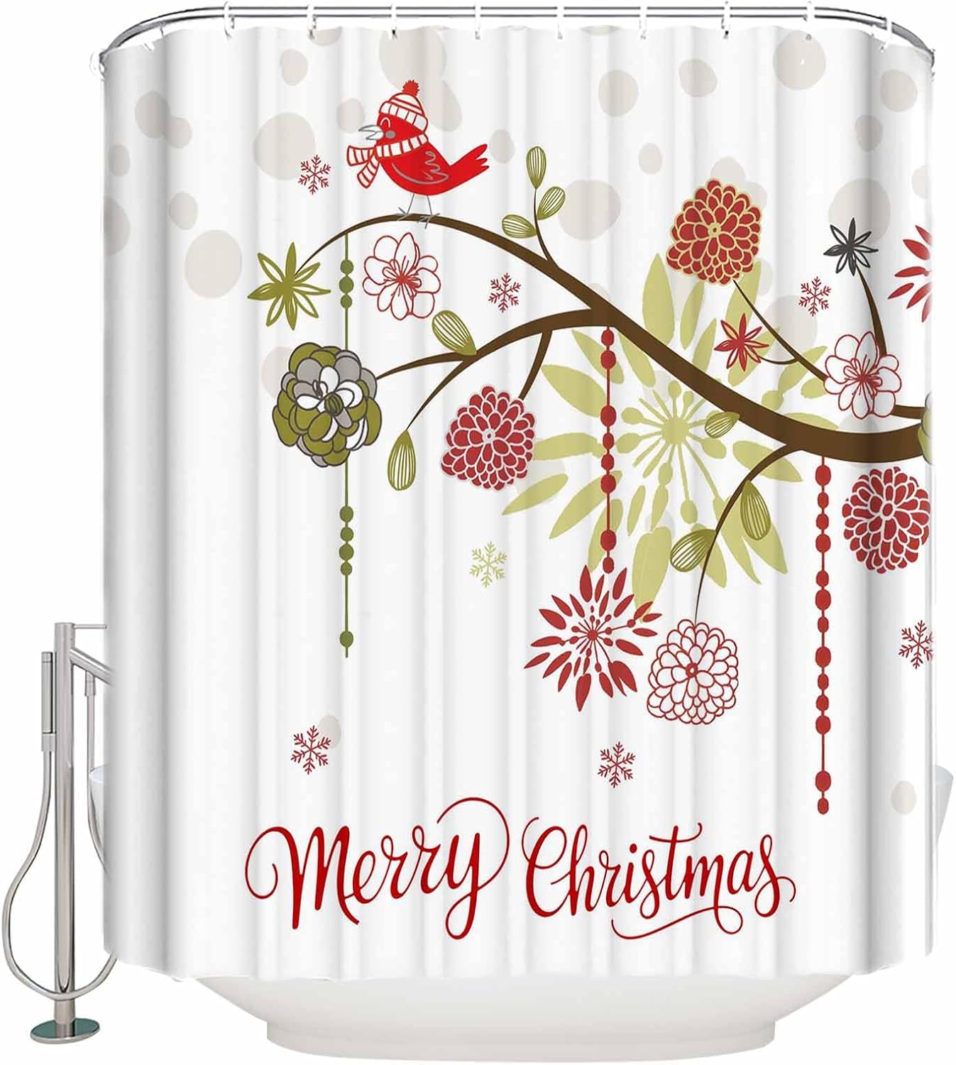Christmas Flower Shower Curtain Set with Hook 72" x 72",Washable Cloth Polyester Fabric Shower+Curtain,Waterproof Bath Curtains for Bathroom,Showers,Bathtubs Decor Modern Geomereic Floral Red Bird