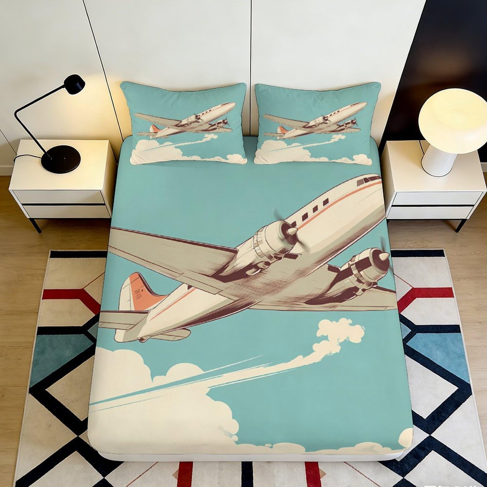 3D Printed Vintage Airplane Fitted Sheet Microfiber Soft Sky Blue Retro Plane Bed Cover for Bedroom Dorm Decor 90x200x25cm