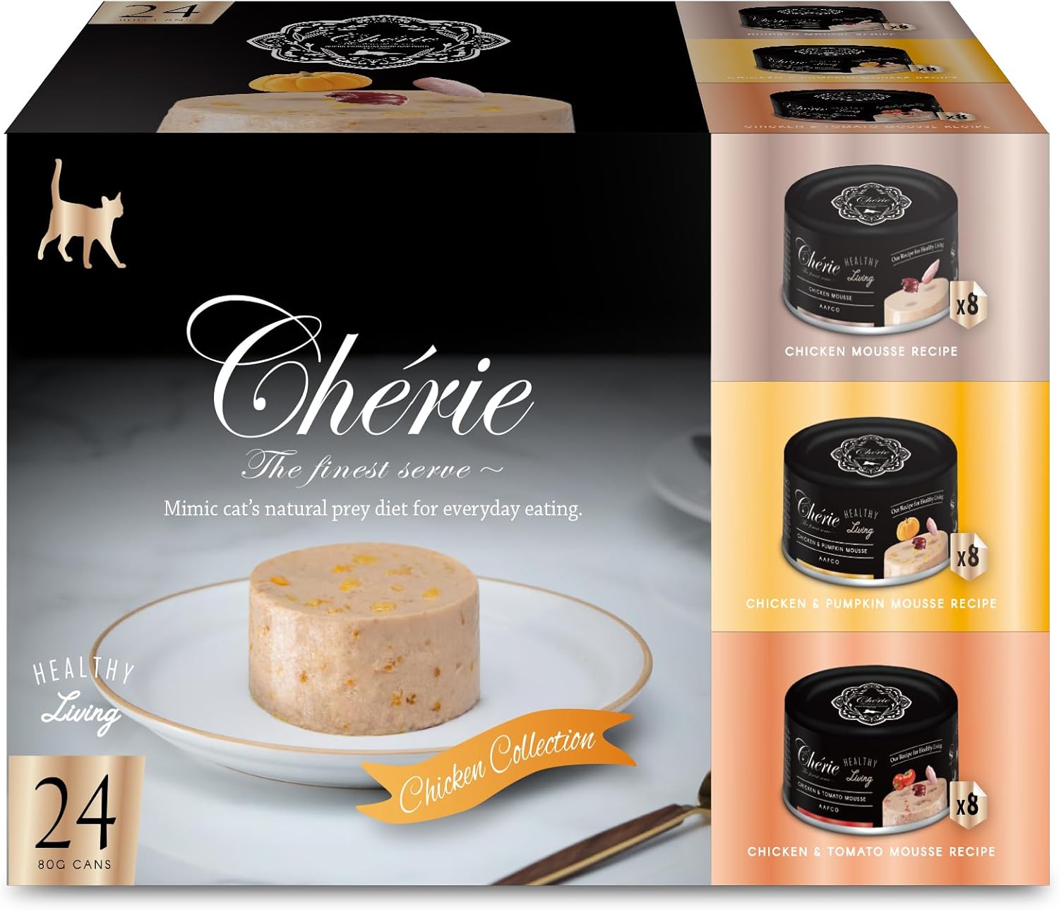 CHÉRIE Healthy Living Series Wet Cat Food Chicken Variety Pack, with Premium Chicken, Tomato, Pumpkin - Silky Mousse Texture, Grain-Free, for All Life Stages - Kitten/Adult/Senior, 24 Pack, 2.8 oz Can