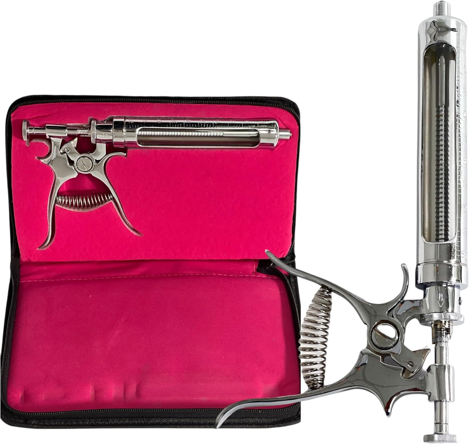 Chrome-Plated Multidosage 50cc Automatic Syringe with Zipper Storage Case | Livestock Dosing Veterinary Syringe (1 Each)