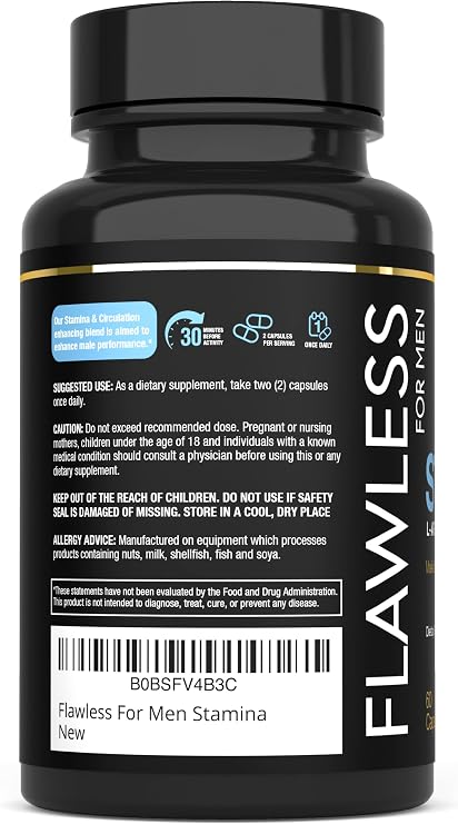 FLAWLESS FOR MEN Stamina | Extra Firm Hard On Pills | Fast Acting L-Arginine, L -Citrulline & Nitric Oxide Supplement for Men | Promotes Male Vitality, Blood Flow and Endurance | 60 Capsules