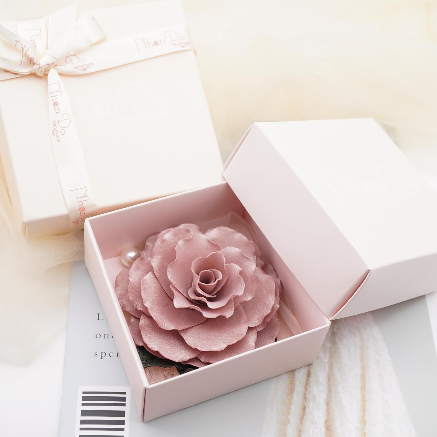9.5 CENTIMETER Jasmine Fabric Flower Brooch Pin With Lovely Box – Purple-Pink Flower Pins Brooch Handmade Gift For Her, Mother's Day, Wedding Anniversary, Handmade Gifts Idea