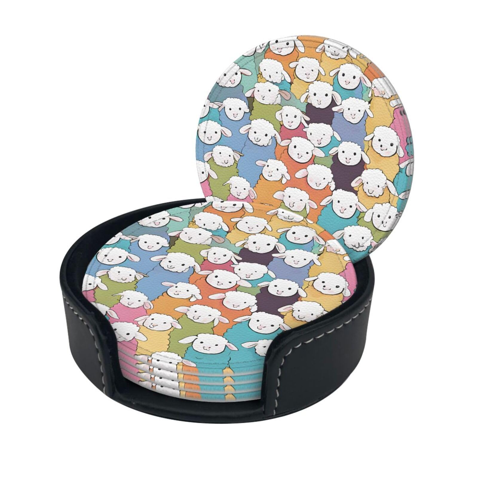 Cute Colorful Sheep Cartoon Pattern Print Coaster,Round Leather Coasters with Storage Box for Wine Mugs,Cold Drinks and Cups Tabletop Protection (6 Piece)