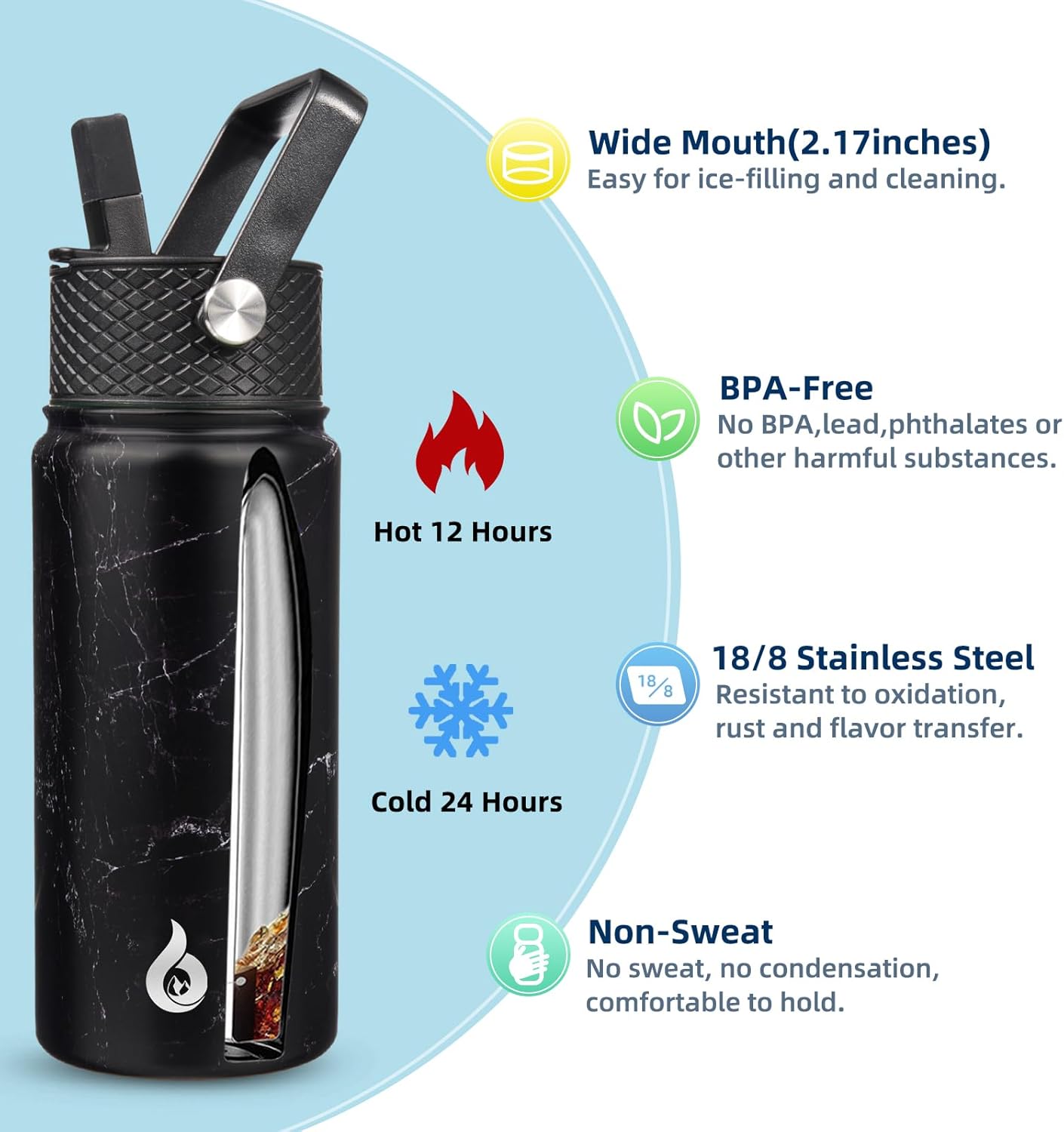 BJPKPK Insulated Water Bottles with Straw Lid, 18oz Stainless Steel Metal Water Bottle, Cold Hot Thermo with 3 Lids, Leak Proof BPA Free Travel Cup, Wide Mouth Flasks, Thermo -Midnight - Image 3