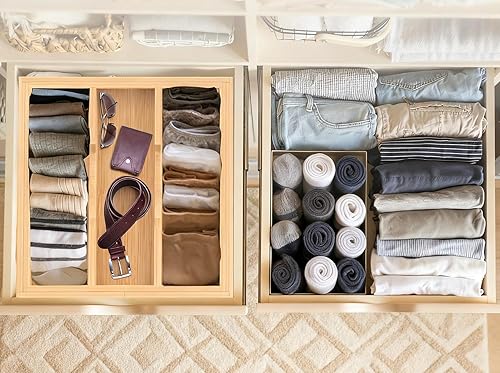 Miniatura 9 de Organizador de cajones de cocina expandible de bambú, soporte ajustable para utensilios y bandeja de cubiertos, organizador de cajones de 3 a 5