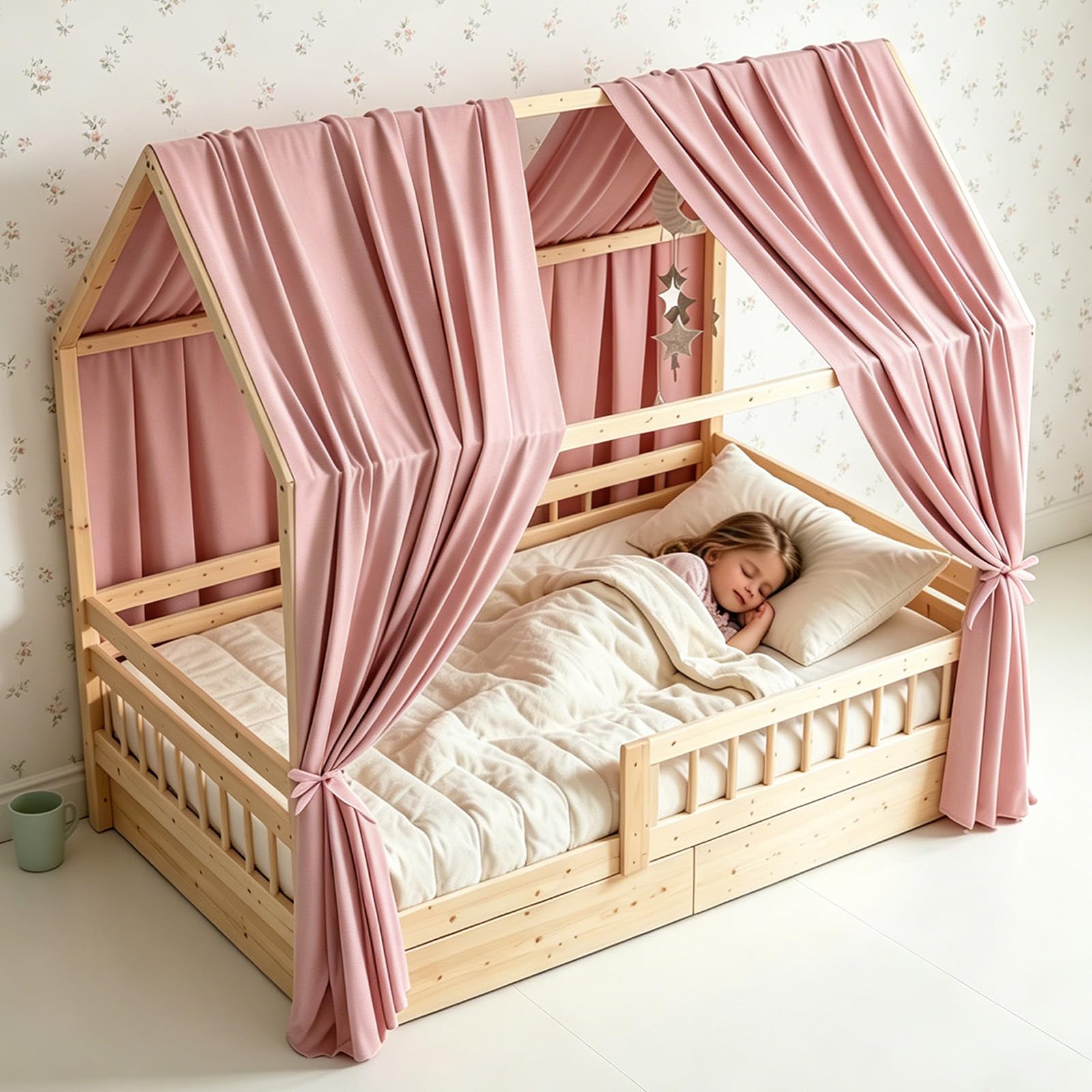 Ciel de Lit Cabane avec 2 Pièces Rideaux Lit-Cabane Enfant, Rideau Lit Cabane, Baldaquin Style Cottage, Baldaquin Ciel en Tissu de Maison Chambre pour Fille Garçon 67 x 270 cm (Rose)