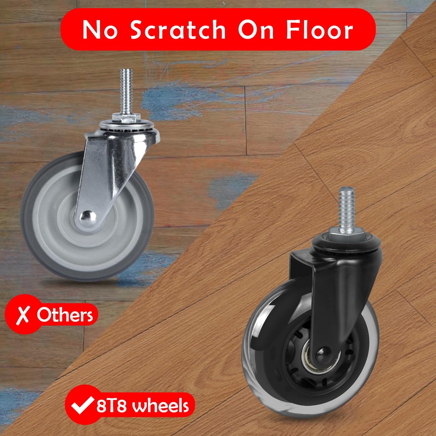 3" Replacement Rubber Caster Wheels Heavy Duty Set of 4 with M10-25 Threaded Stem (No Brake)