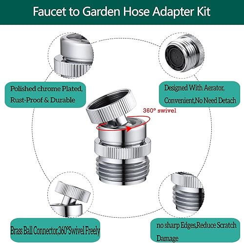 Miniatura 3 de SNUTUYA Adaptador de grifo a manguera de jardín, adaptador de manguera de jardín de latón de 34 pulgadas con aireador, kit adaptador de grifo