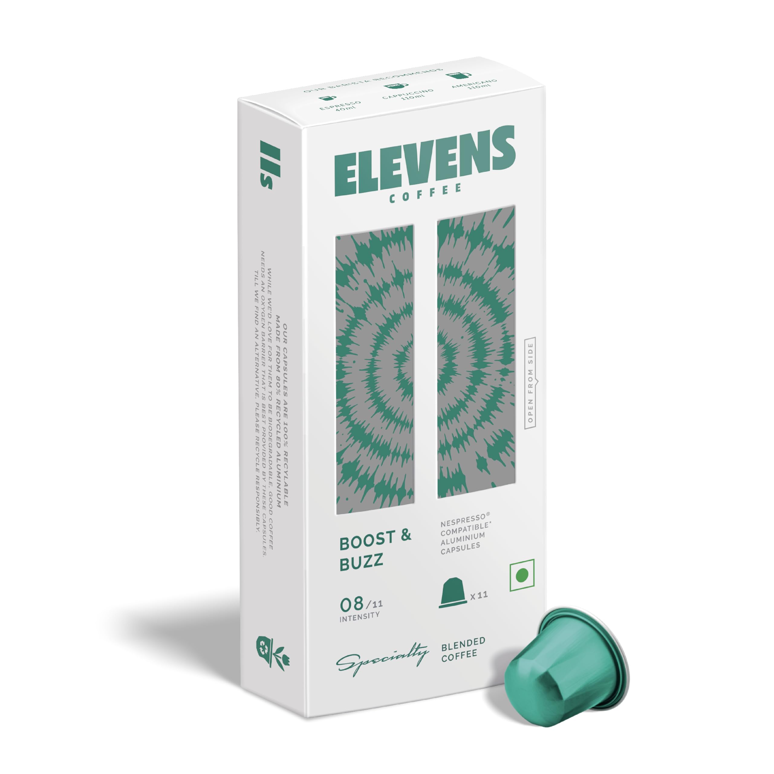 ELEVENS COFFEE | Boost & Buzz | Blend of Arabica & Robusta | Specialty Coffee Capsules | 11 Aluminium Coffee Pods (10 + 1) | Medium Dark Roast | Intensity 8 | Compatible with Nespresso