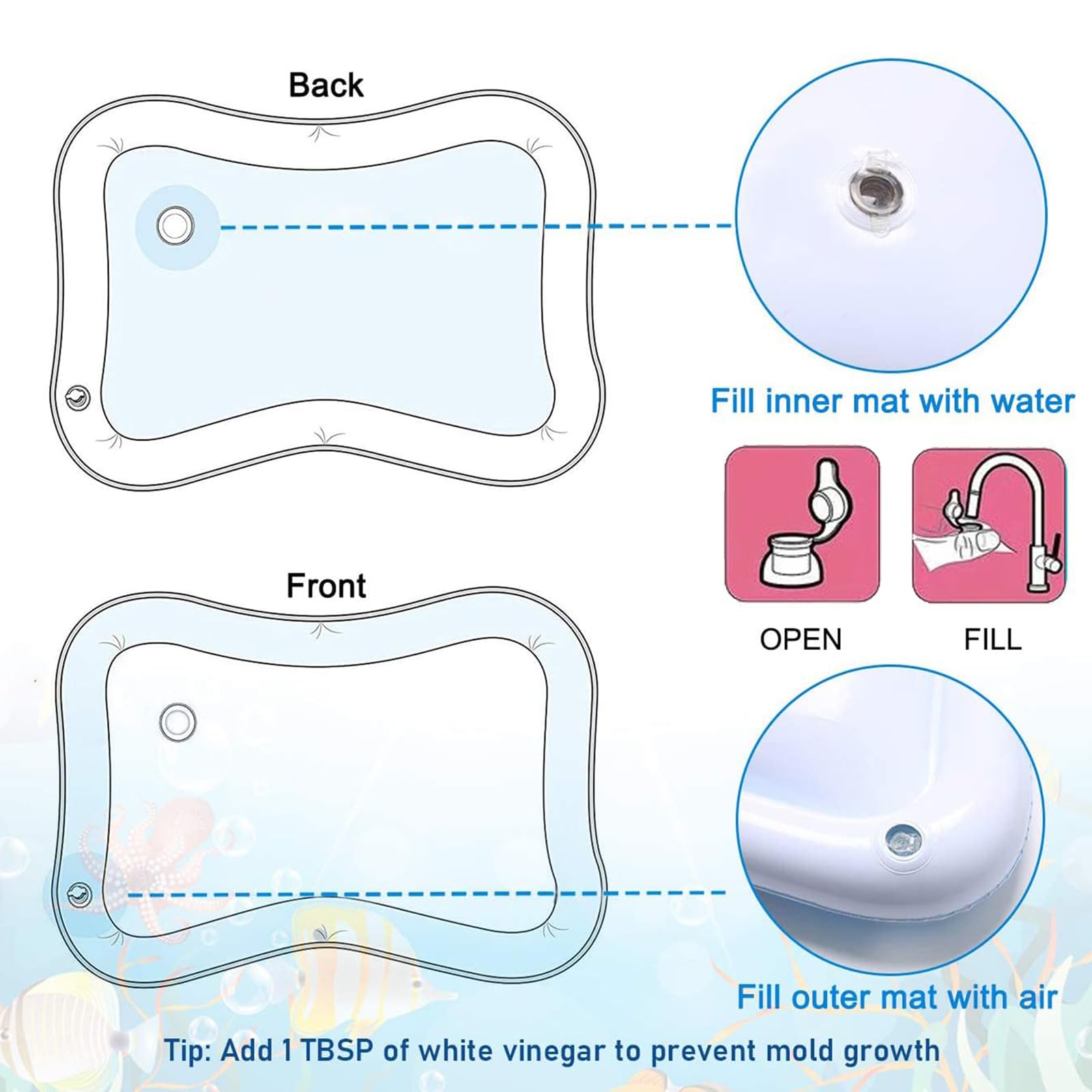 Vinuwu Tappetino gonfiabile ad acqua spesso e confortevole, 50 x 69 cm, delfino con 10 adesivi