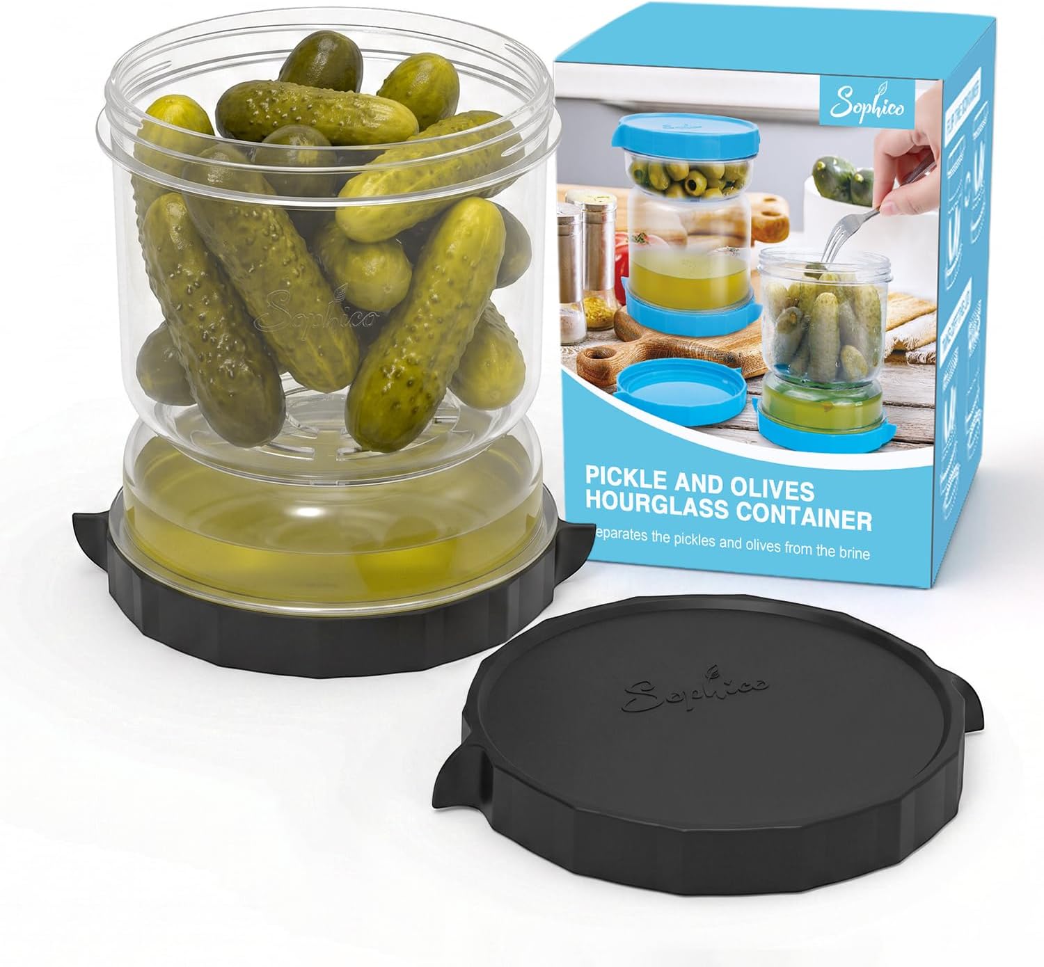 SOPHICO Pickle and Olives Jar Container with Strainer Flip, Leak-proof Juice Separator Hourglass Food Saver Storage Container (Transparent Black)