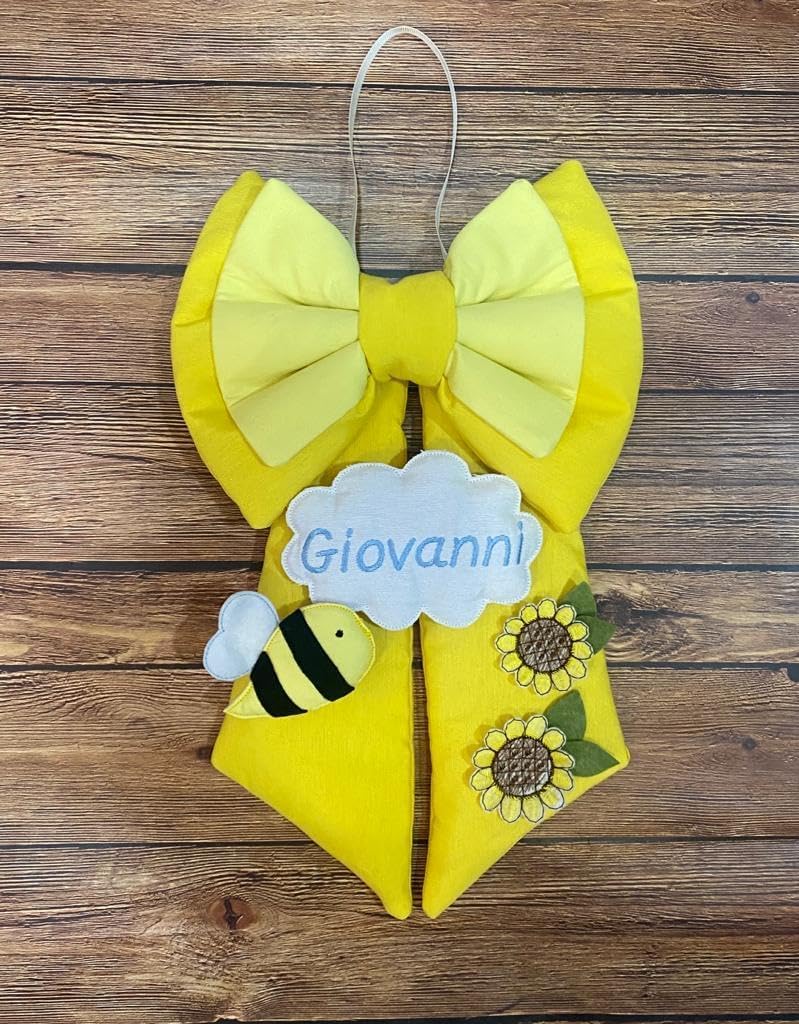 Fiocco Nascita Personalizzato Girasoli e Ape - Fiocco Nascita bimba o bimbo - Coccarda nascita gialla con girasoli e Ape - Fiocco nascita originale - Made in Italy - Handmade - Pri frog