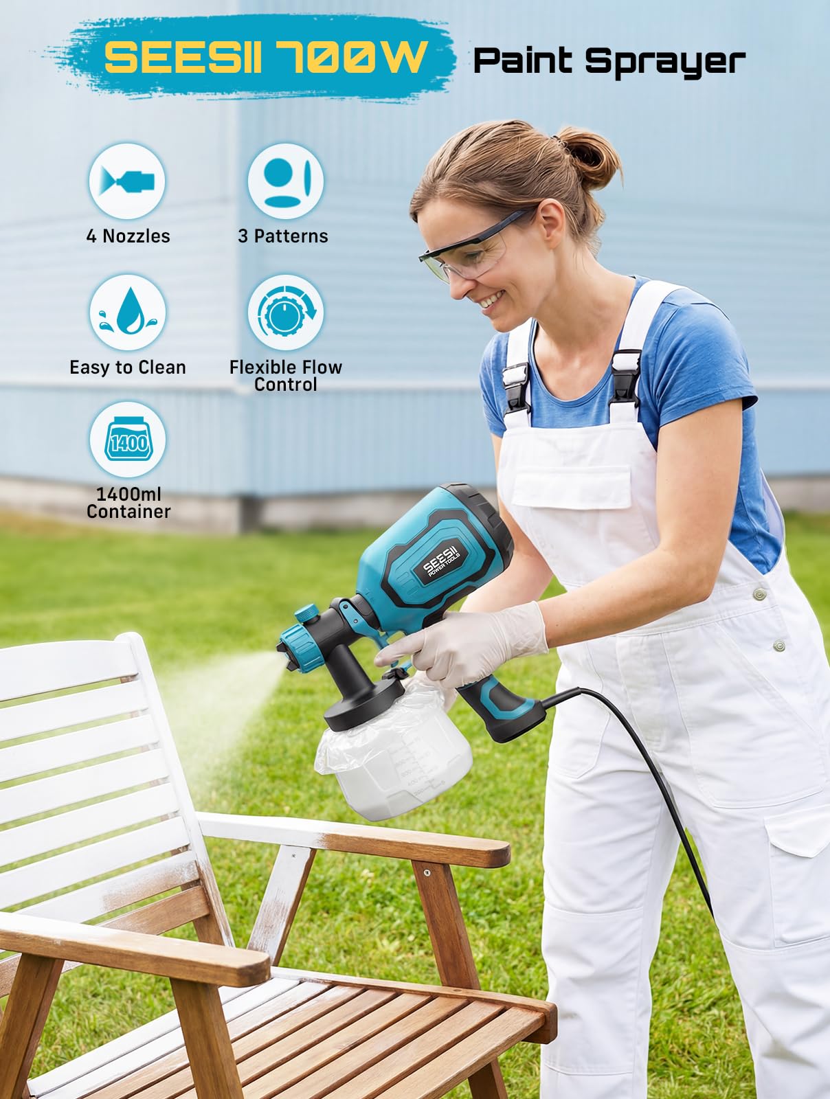 Seesii Paint Sprayer,1400ML HVLP Paint Gun with 4 Nozzles and 3 Patterns, 5 Paint Bags, Easy Clean & Adjustable Flow, Sprayer Gun for House Painting, Furniture, Cabinets, Walls, Fence, DIY Projects — view 2