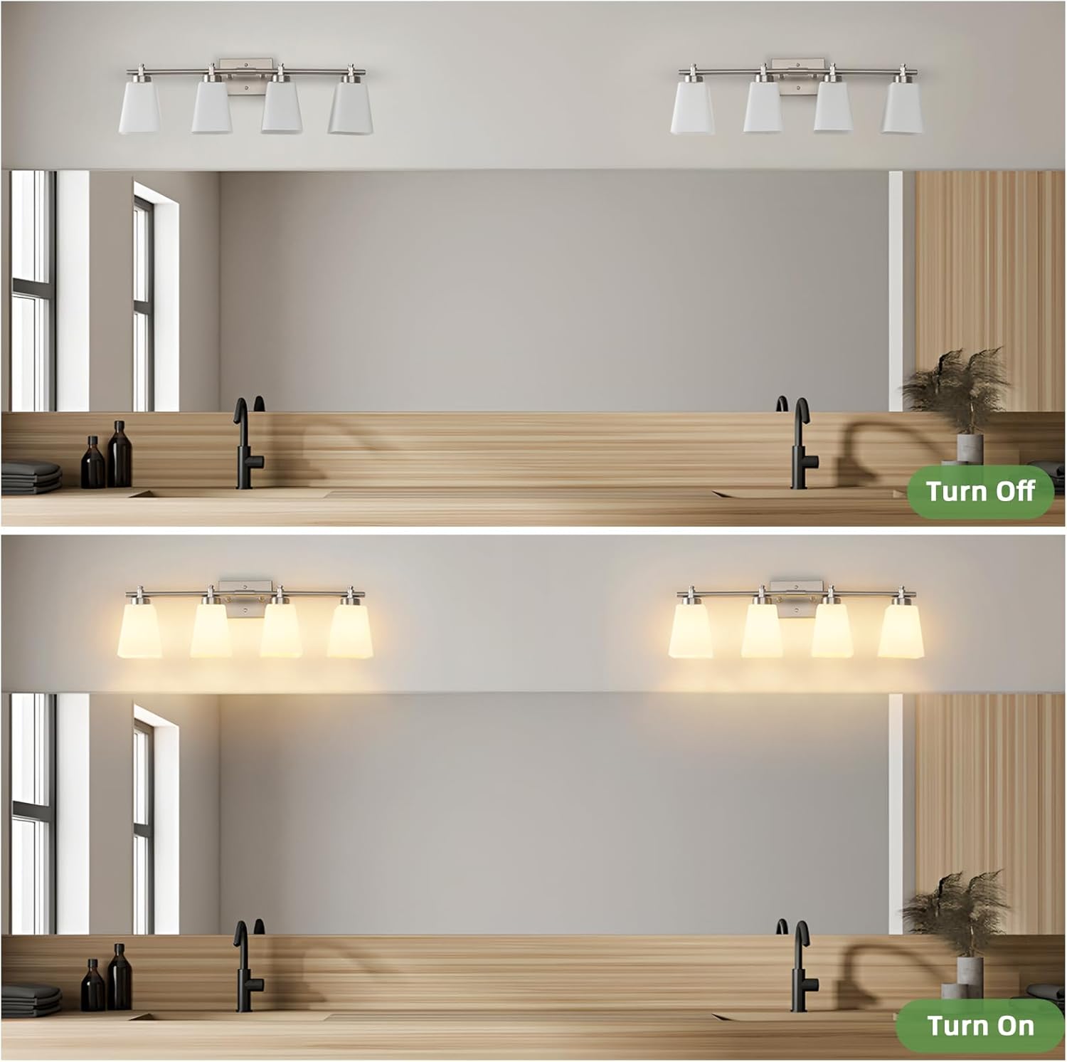 Bathroom Vanity Light, 4-Light 28 Inch Brushed Nickel Vanity Lights for Bathroom, Modern Wall Sconce Lighting Fixtures Over Mirror with Milk White Square Shades, E26 Base(Bulbs Not Included)