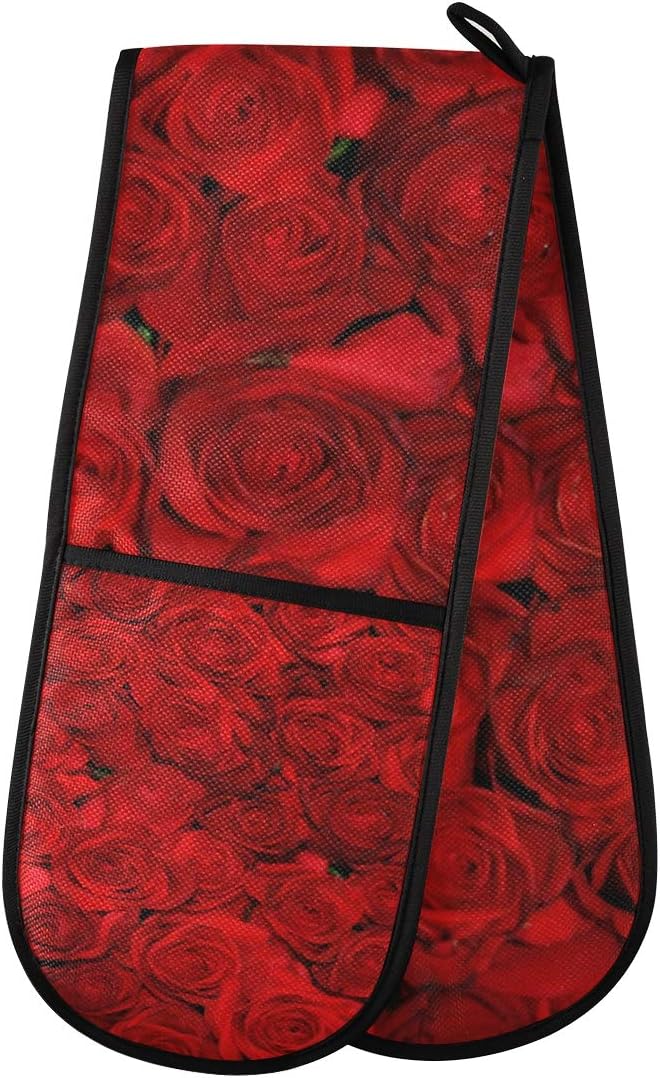 ZZXXB Red Rose Floral Double Oven Mitt Heat Resistant Non-Slip Kitchen Gloves Extra Long 7" x 35" for Cooking Baking Barbecue Grilling