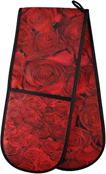 B Red Rose Floral Double Oven Mitt Heat Resistant Non-Slip Kitchen Gloves Extra Long 7" x 35" for Cooking Baking Barbecue Grilling