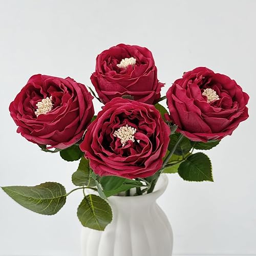 YalzoneMet Flores Artificiales de Rosa Roja de Gran Floración de 3.5 Pulgadas, 4 Piezas, Rosas de Tacto Real con Tallo Largo de 17.7 Pulgadas, Rosas