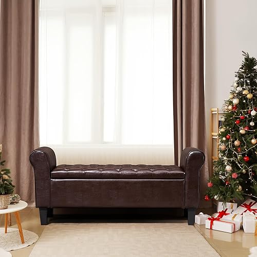 Miniatura 10 de ECOTOUGE Banco de almacenamiento para dormitorio, otomana con brazo enrollado, reposapiés tapizado de cuero rectangular para sala de estar, color