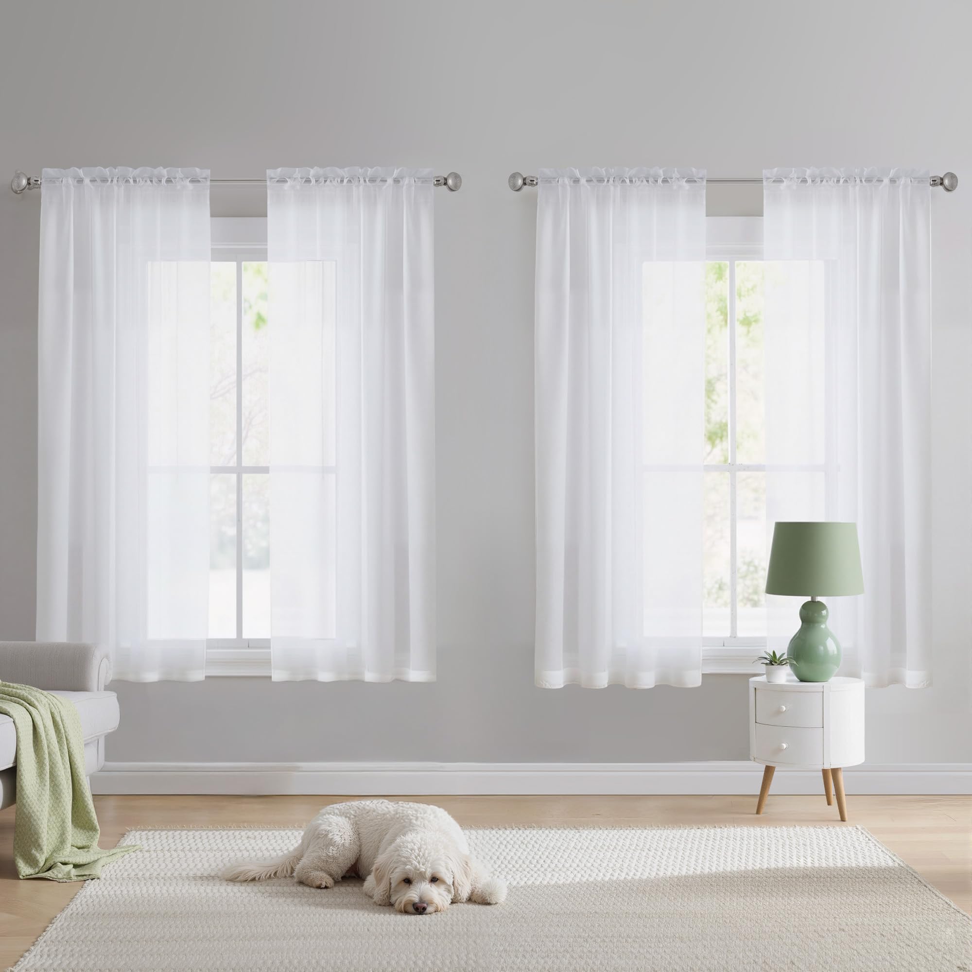 NICETOWN White Sheer Curtains 63 inches Long 4 Panels, 42 inch Wide Rod Pocket Light Filtering Drapes Translucent Modern Voile Airy &amp; Breathable Window Treatment for Kitchen