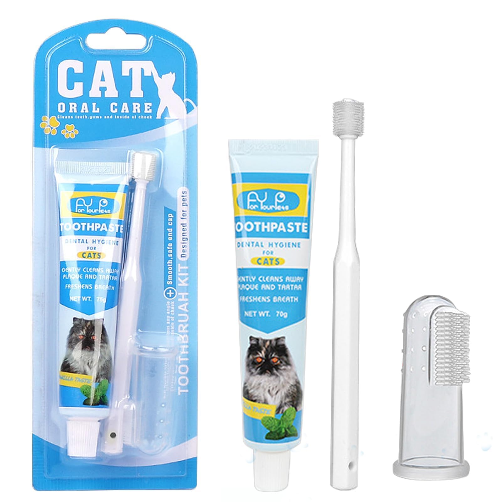 Pasta de dientes para gatos con cepillo de dientes y cepillo de dientes para perros y gatos, elimina la placa y el sarro, aliento fresco y bueno para los dientes