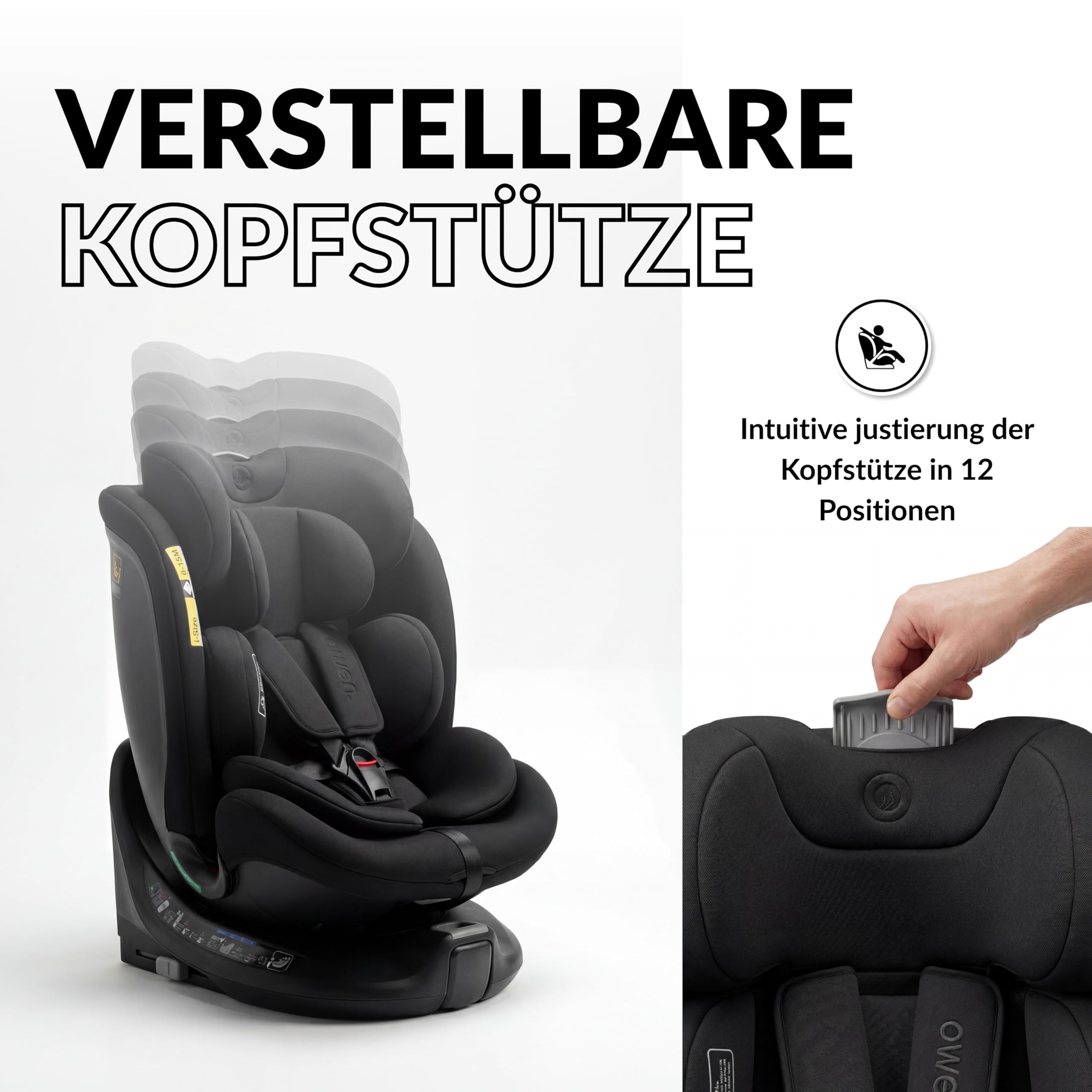 OWEN 360Comfy Kindersitz 360° drehbar Isofix Reboarder 0-36 kg – Schwarz | ECE R129 i-Size geprüft (40-150 cm, 0-12 J.) – Seitenaufprallschutz, Sonnenverdeck, 360° drehbar & rückwärtsgerichtet