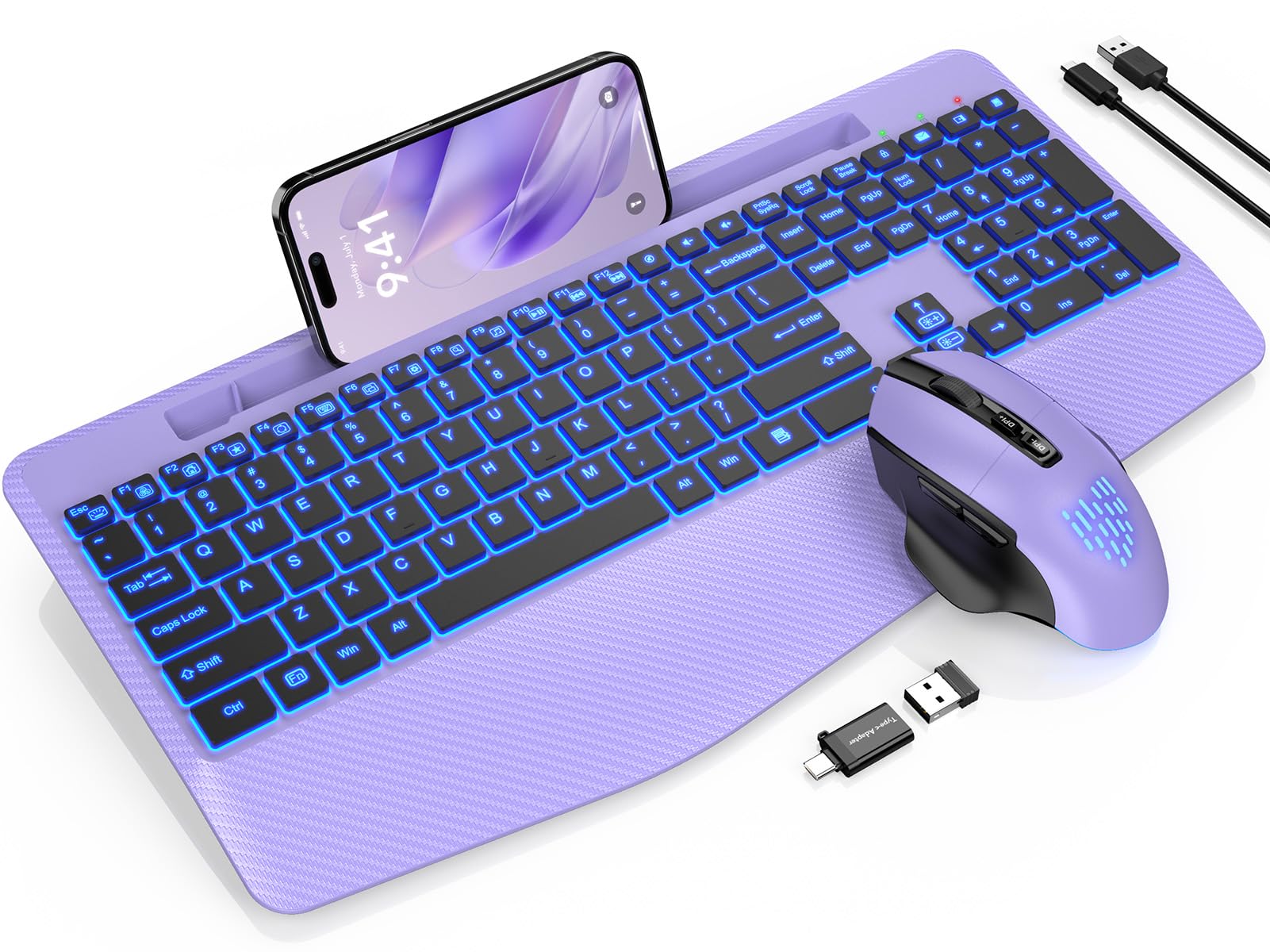 Wireless Keyboard and Mouse Backlits, Wrist Rest, LED Mouse, Rechargeable Ergonomic Keyboard with Phone Holder, Silent Light Up Combo for Computer, Mac, PC, Laptop, Chromebook (Purple)