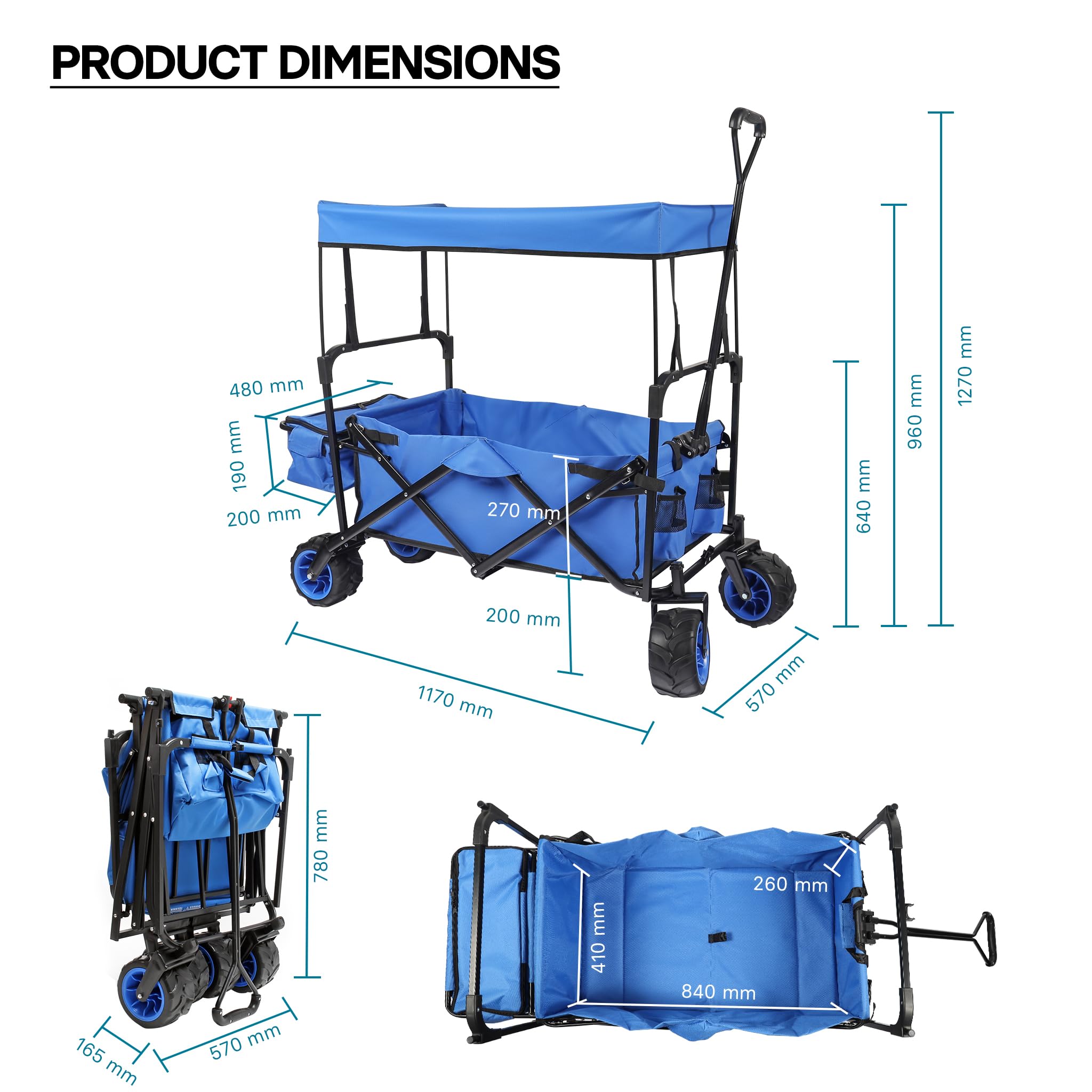 Wiltec Chariot Transport Pliant Enfant 1170x570x1170 mm 70 kg Auvent Roues Plastique Poignée Ergonomique Diable Charette Main Plage Pique-Nique Tout Terrain