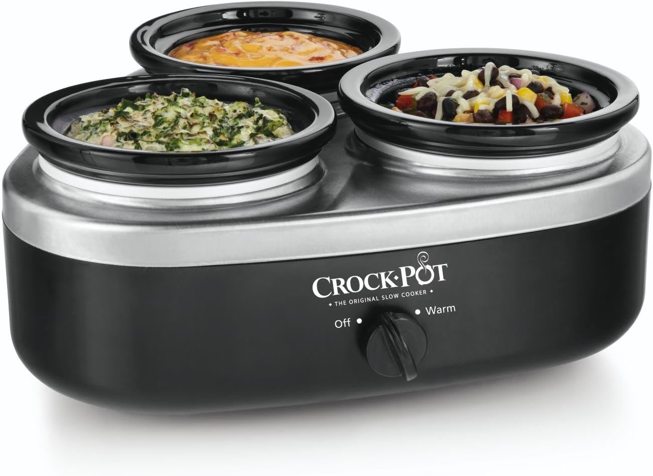 Crock-Pot 16-Ounce Little Triple Dipper Slow Cooker, Silver and Black, SCRMTD307-DK