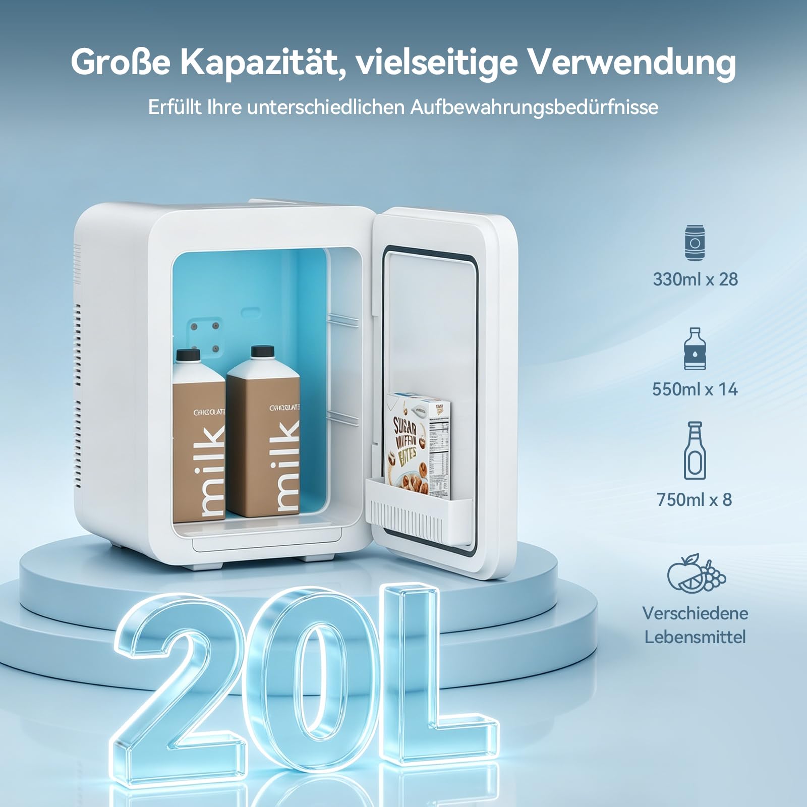 Mini Kühlschrank 20L,2 in 1 Kleiner Kühlschrank,mit Eleganter Glasfront,220V AC/12V DC,Mini-Kühlschränke,Tragbarer Skincare Fridge für Kosmetik,Getränke,für Auto/Büro/Camping,Blau+Weiß