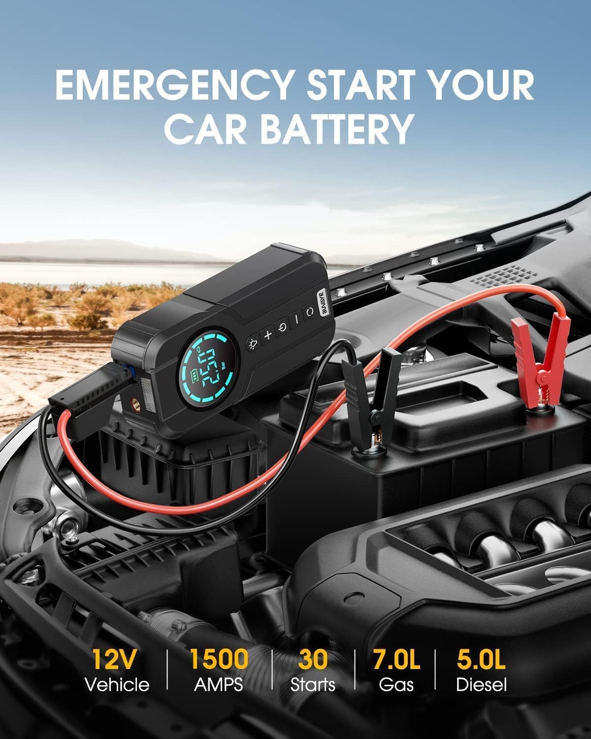 Jump starting a car battery with the BUVAYE device.
