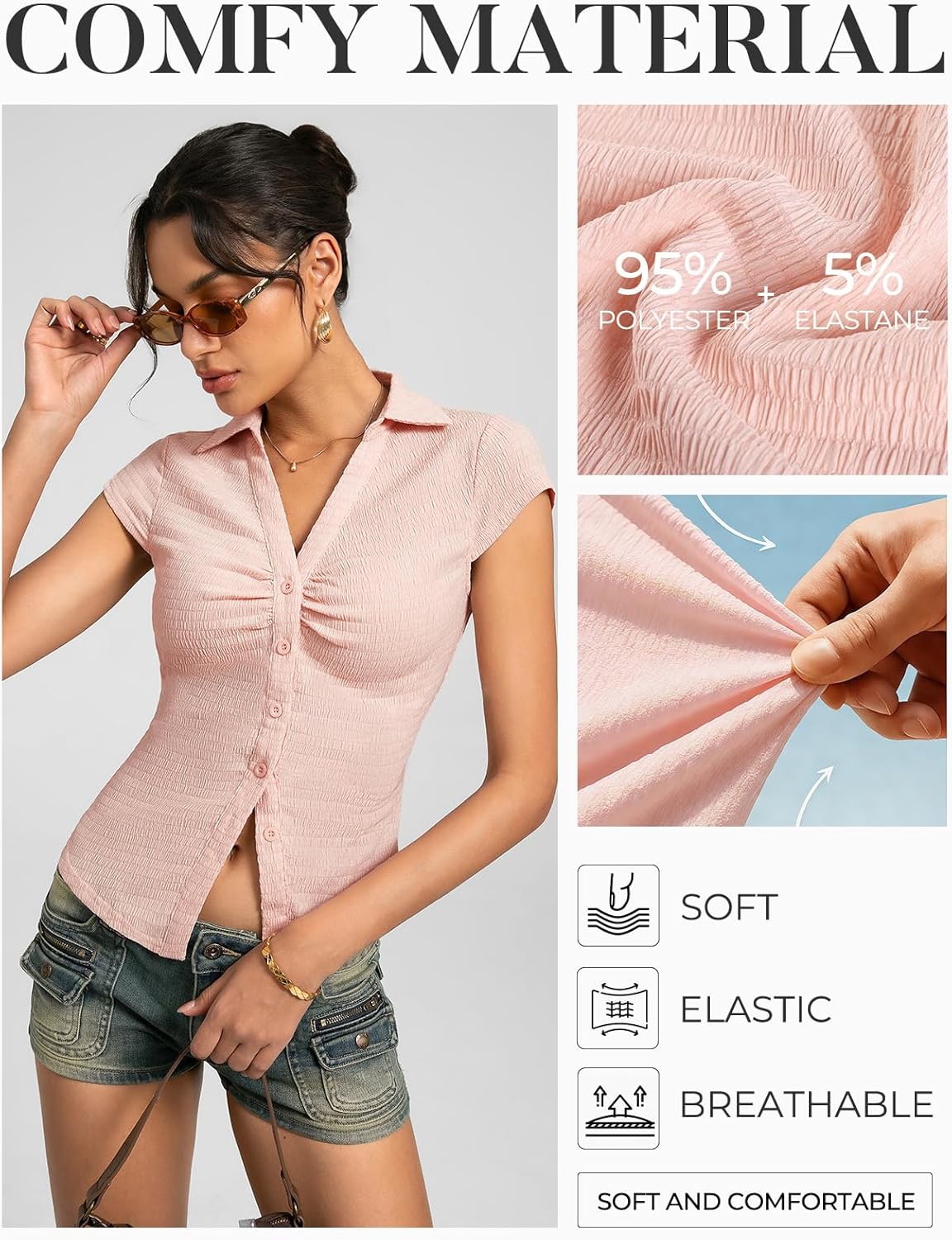 Kate Kasin Women Button Down Textured Blouse, V-Neck Ruched Tops with Y2K Collar, Slim Fit Cap Sleeve Going Out Casual Shirt - Image 3