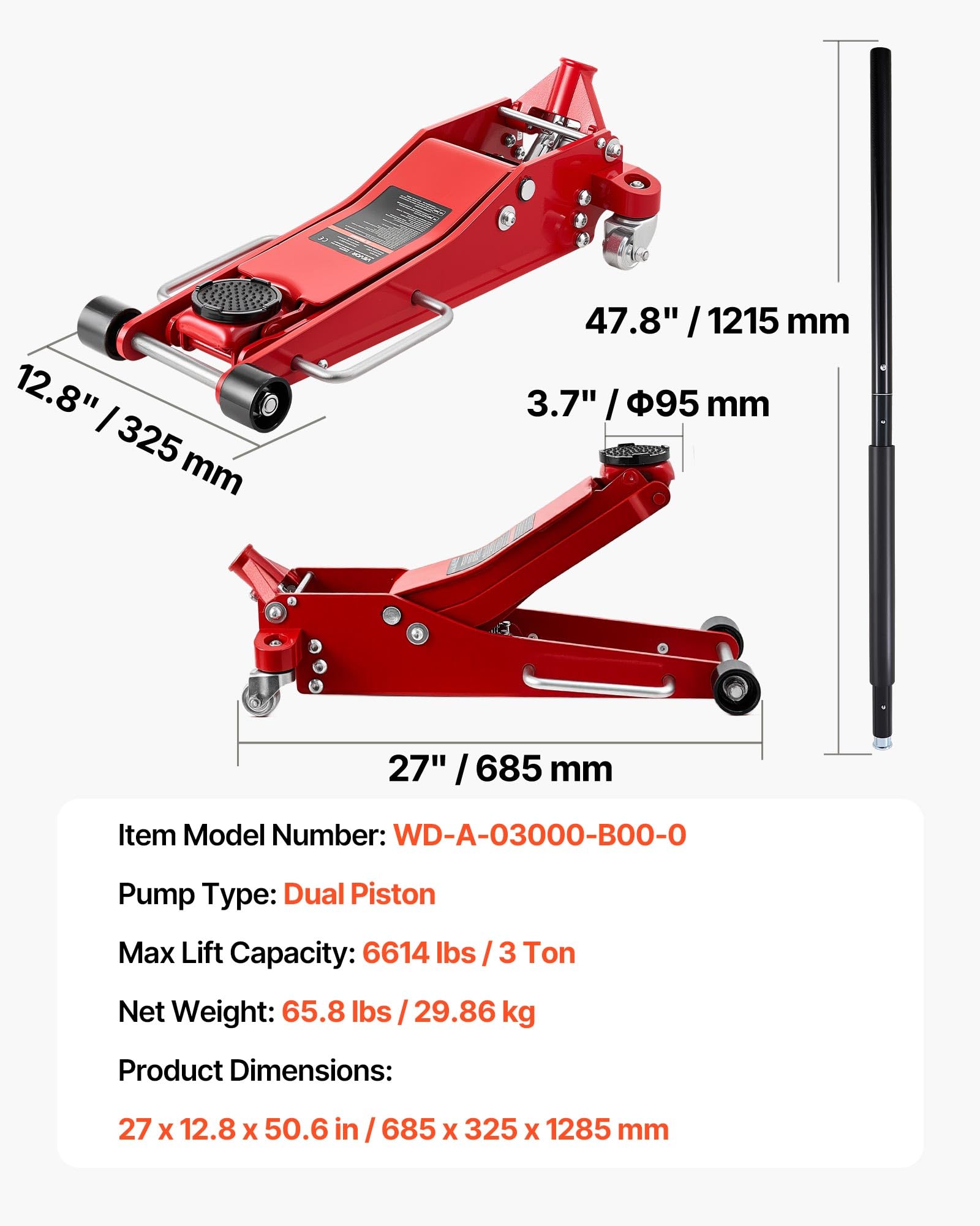 VEVOR Gato de Perfil Bajo Capacidad de 3 t, Gato Hidráulico con Bomba de Elevación Rápida de Pistón Doble, Rango de Elevación 85-515 mm, para Autos Deportivos, SUV, Camionetas, Vehículos, Rojo