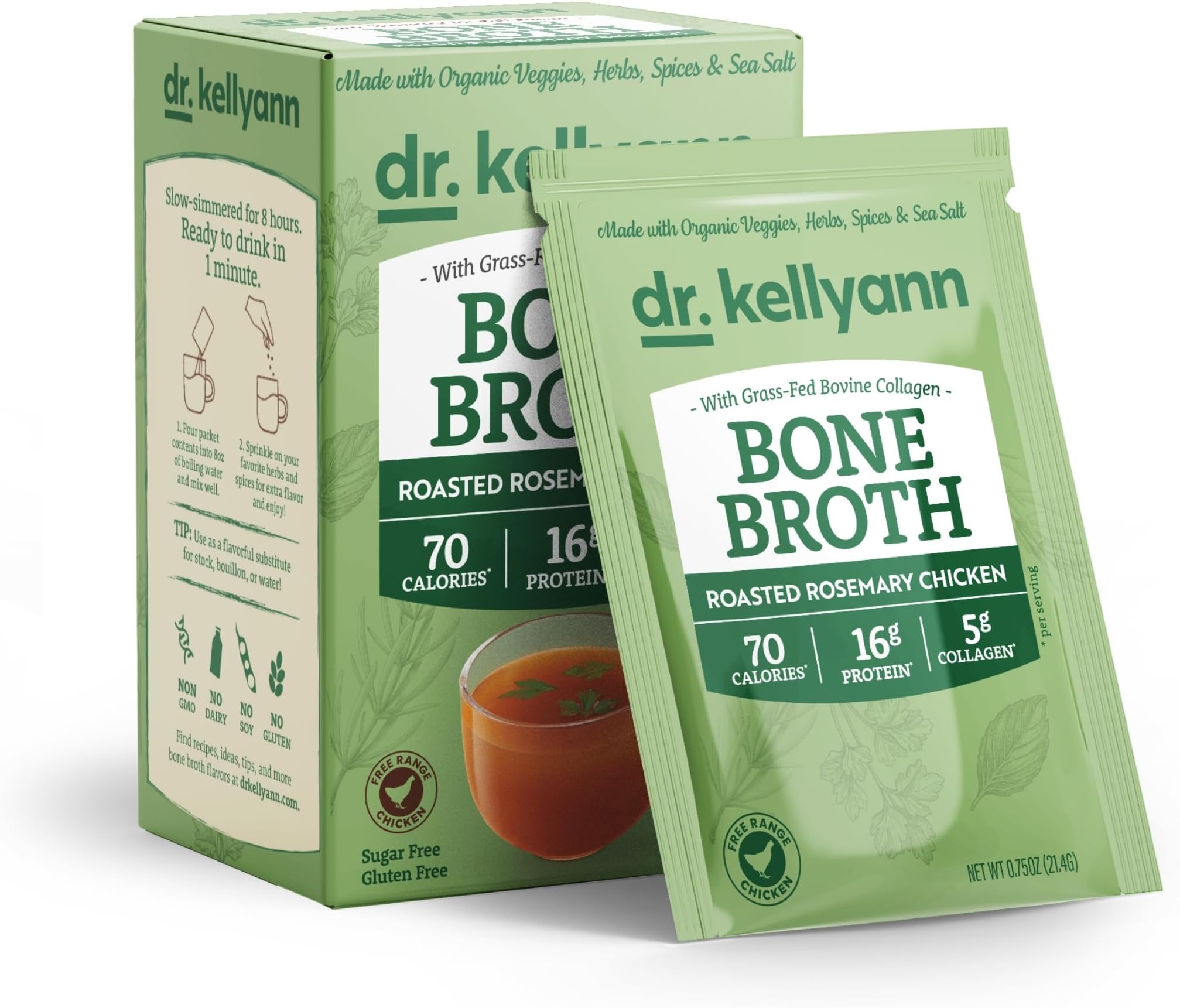 - Dr. Kellyann Roasted Rosemary Chicken Bone Broth Packets (7 Servings) โ 16g Protein, Grass-Fed Collagen, Keto & Paleo-Friendly, 1 Box