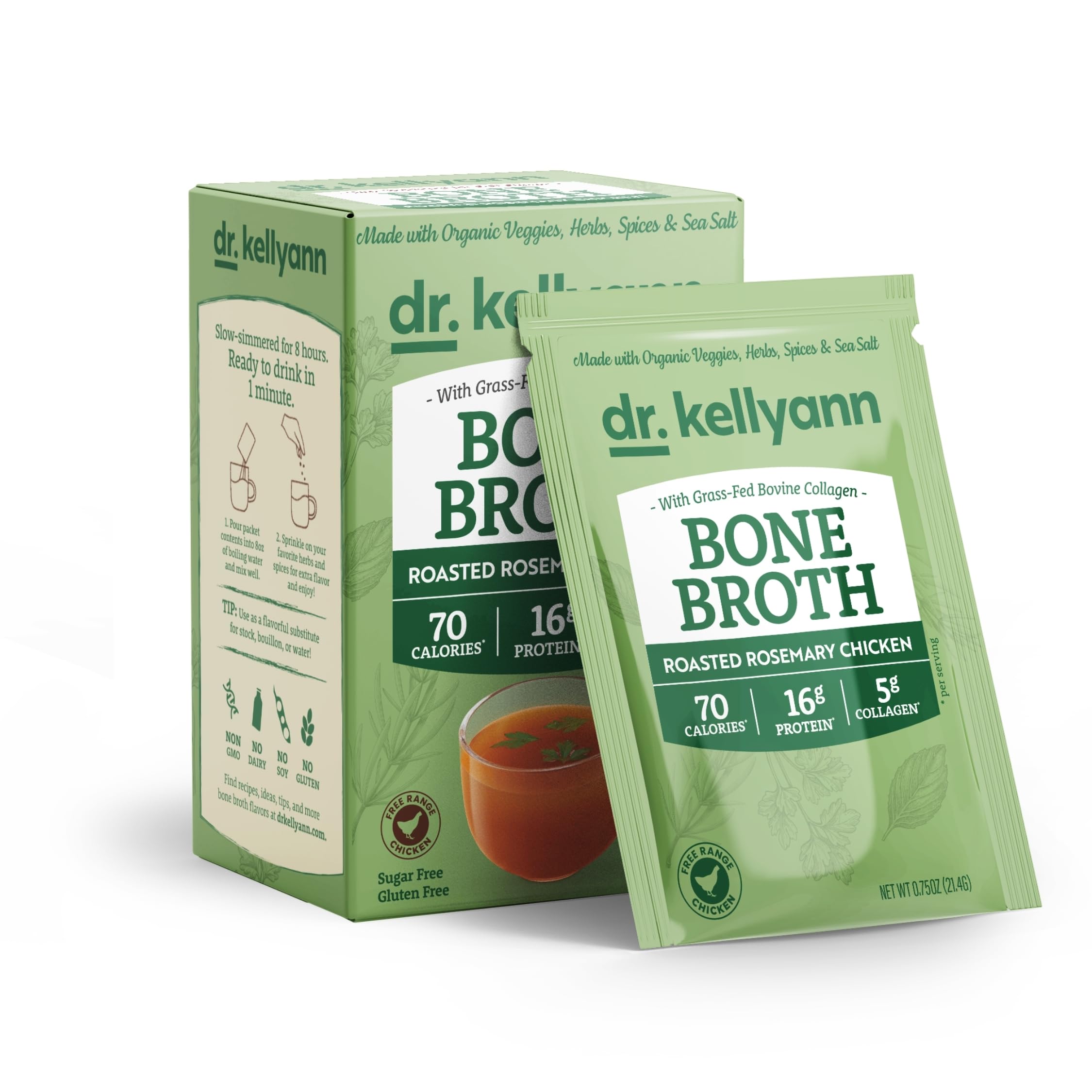 Dr. Kellyann Roasted Rosemary Chicken Bone Broth Packets (7 Servings) – 16g Protein, Grass-Fed Collagen, Keto & Paleo-Friendly, 1 Box Roasted Rosemary Chicken 7 servings